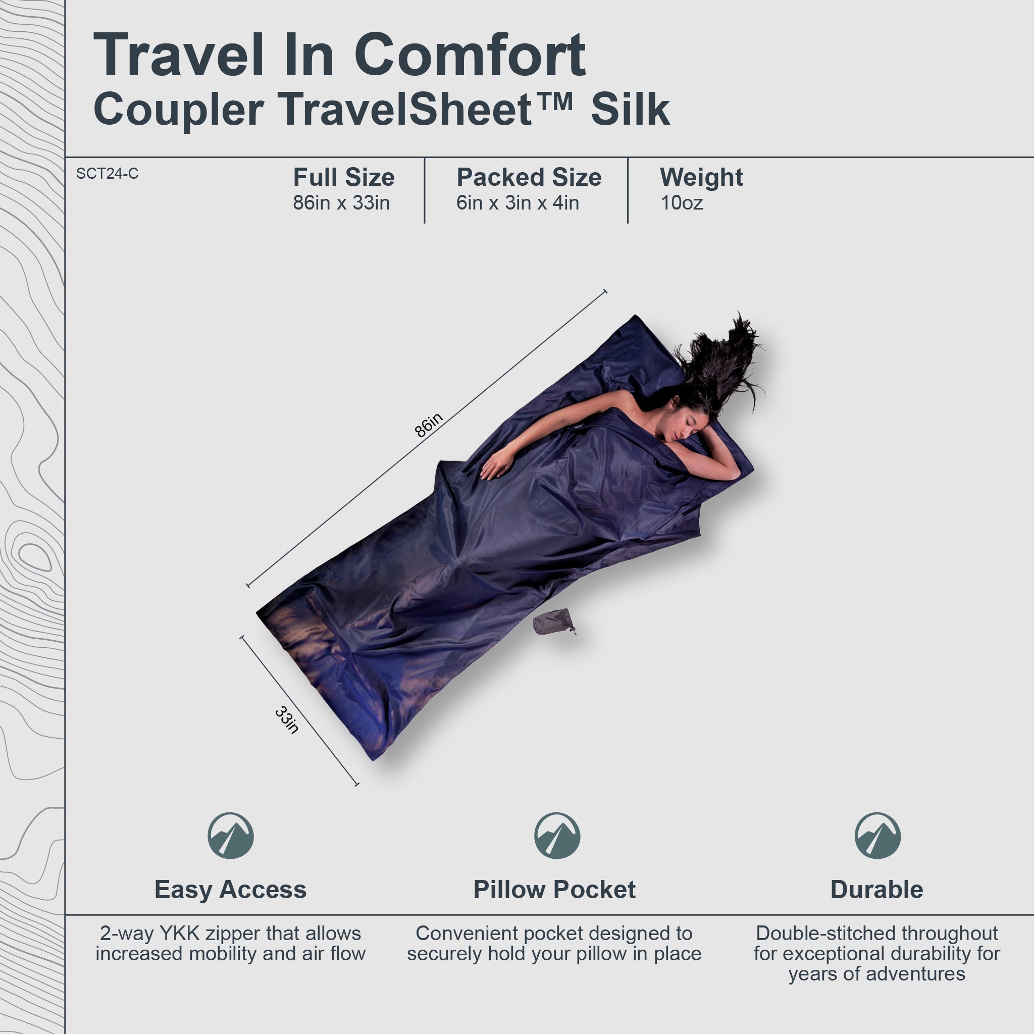 Coupler TravelSheet™ in silk and cotton by COCOON, shown spread out, highlighting its lightweight, breathable fabric for travel comfort.