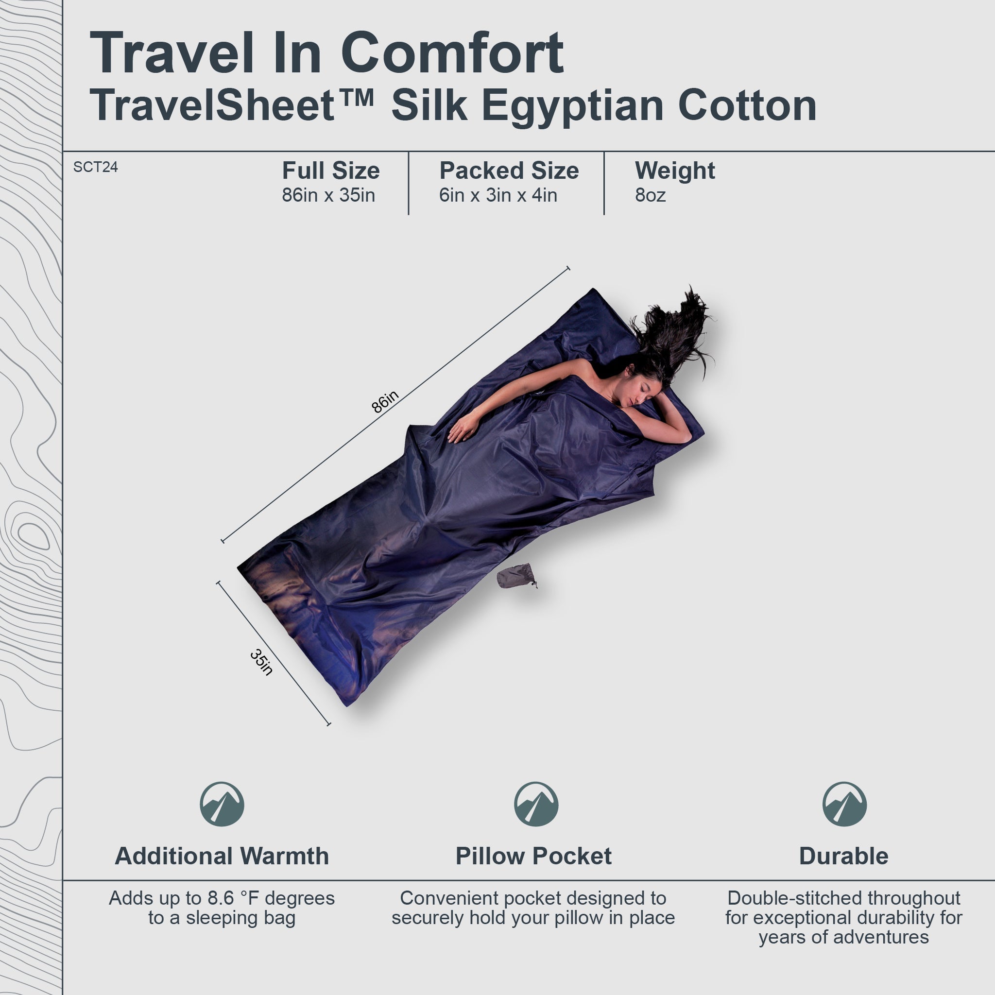 COCOON TravelSheet™ made of silk Egyptian cotton, showcasing its soft texture and luxurious feel in a folded position.
