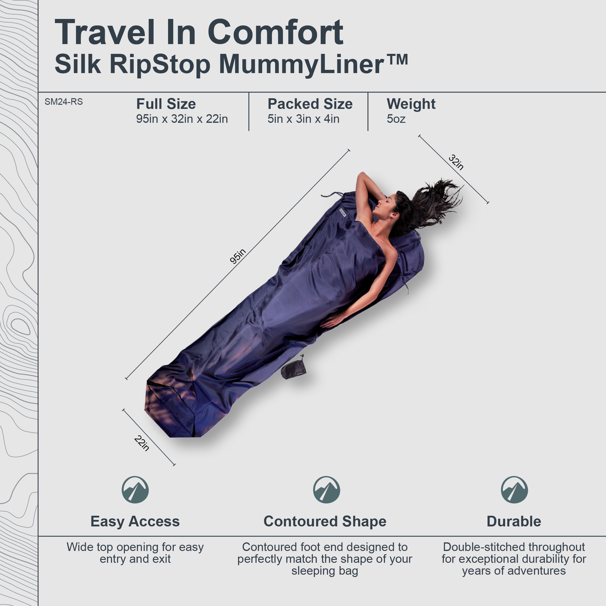 COCOON MummyLiner™ in RipStop Silk, showcasing soft, lightweight fabric designed for sleeping bags and travel.