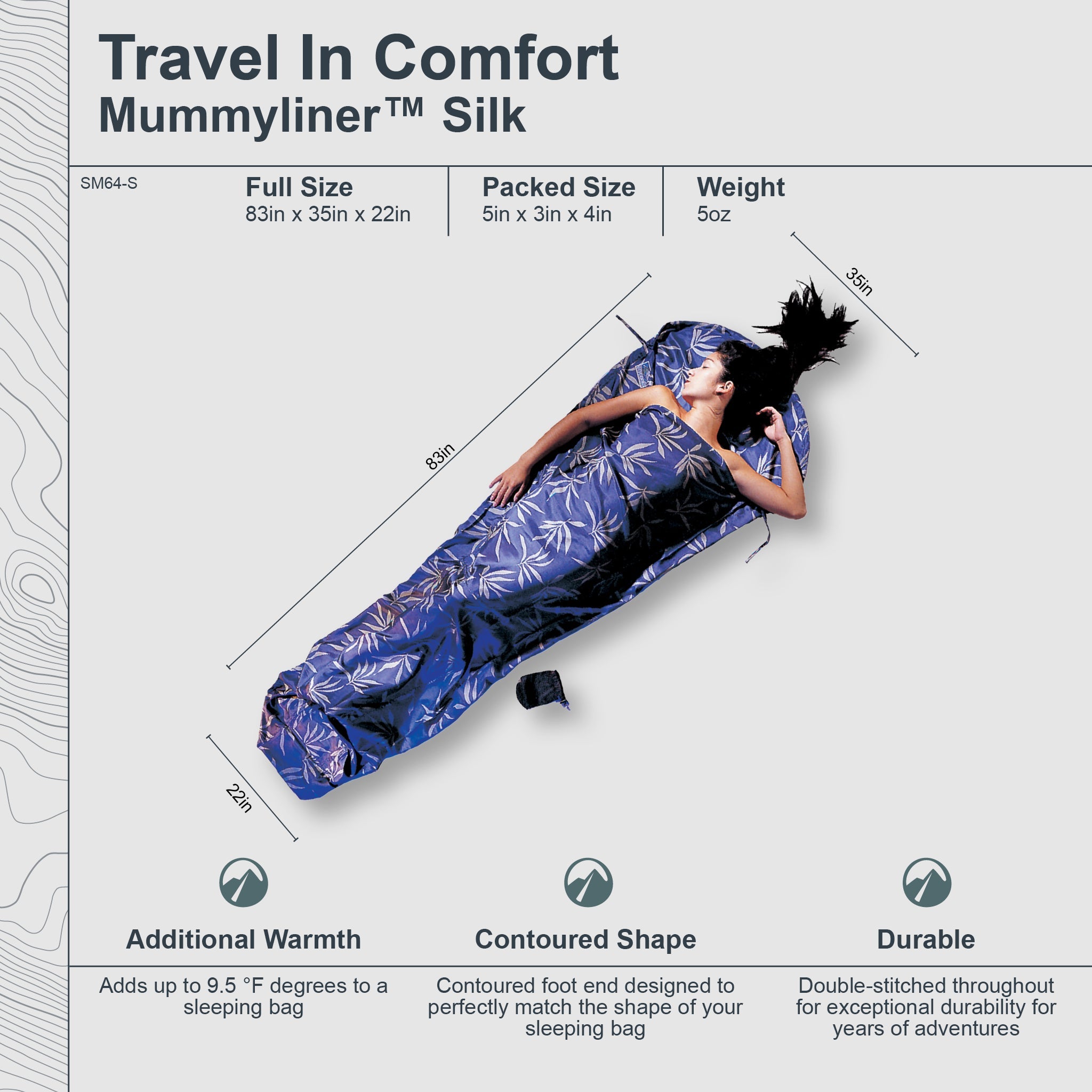Small COCOON MummyLiner™ Silk sleeping bag liner, lightweight and smooth silk fabric for added comfort and warmth.
