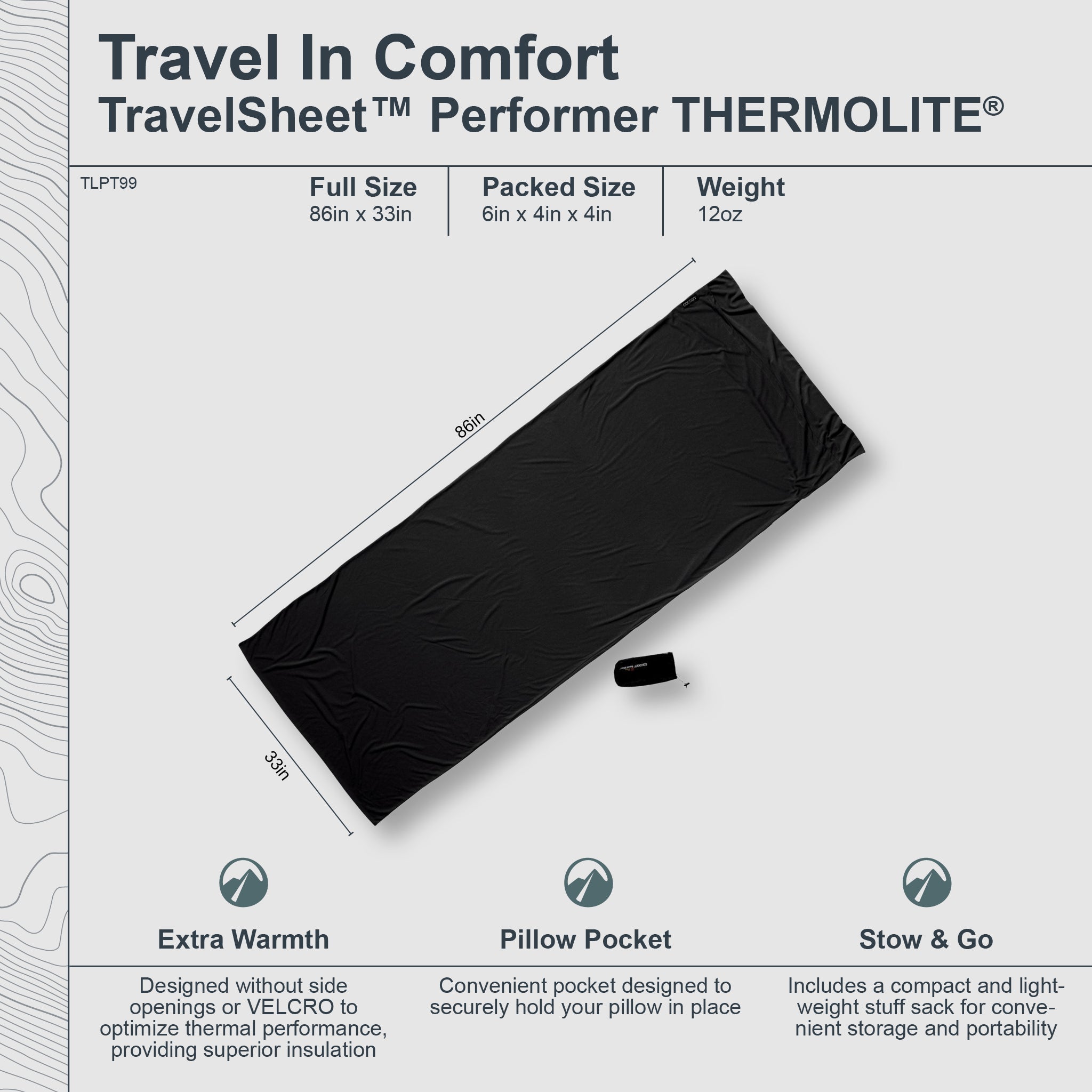 Cocoon TravelSheet™ Performer® Thermolite® sleeping bag liner, lightweight and durable for comfortable travel and outdoor camping.