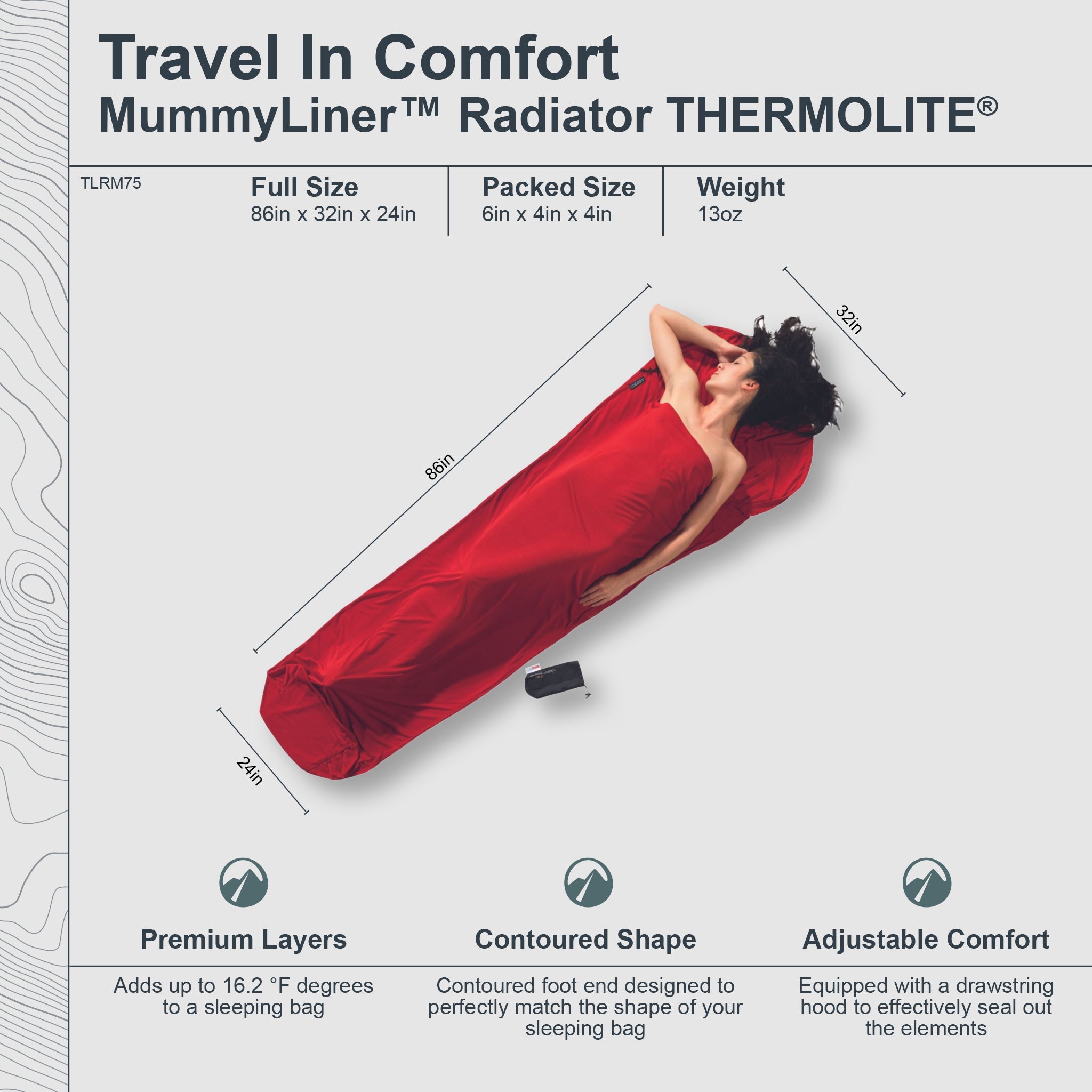 COCOON MummyLiner™ Radiator® Thermolite® sleeping bag liner in dark gray, showing its lightweight, soft fabric and compact design.
