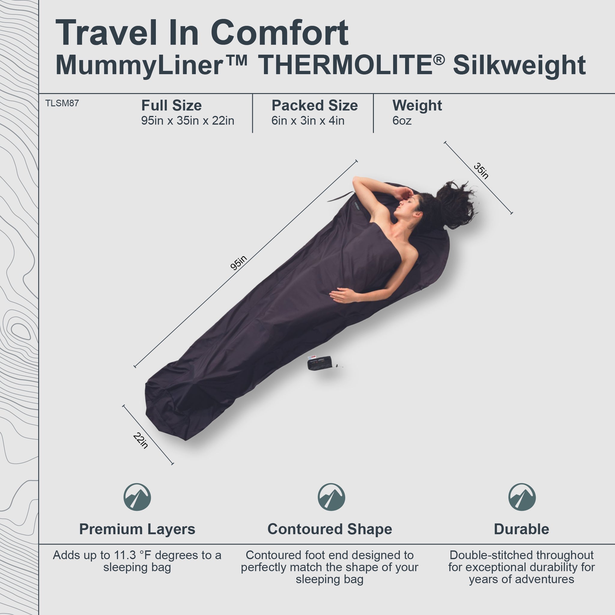 COCOON MummyLiner™ in Thermolite® fabric, showcasing silkweight design and detailed measurements for camping use.