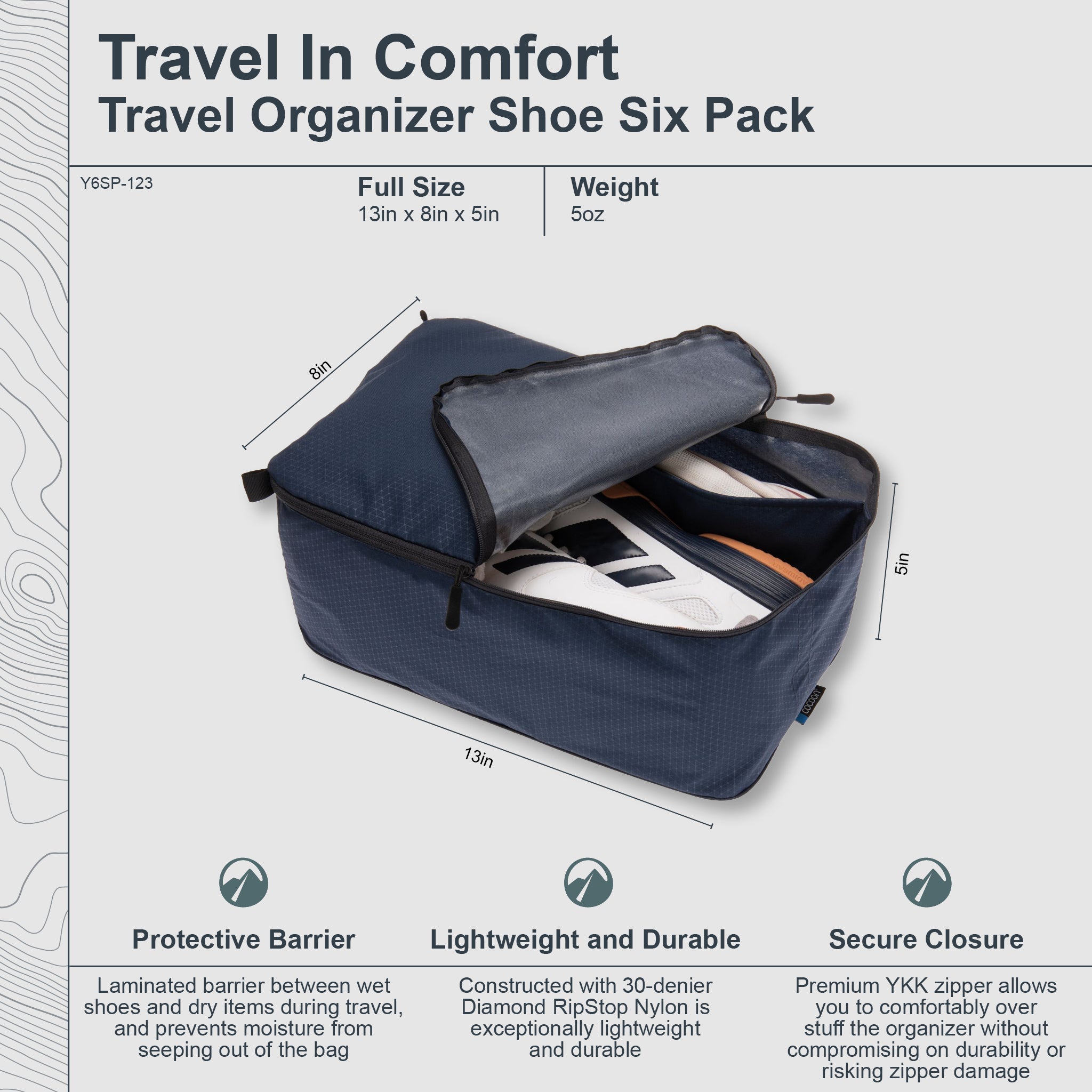 COCOON shoe bags in a six-pack, featuring durable material and zippered closures, neatly arranged for storage.