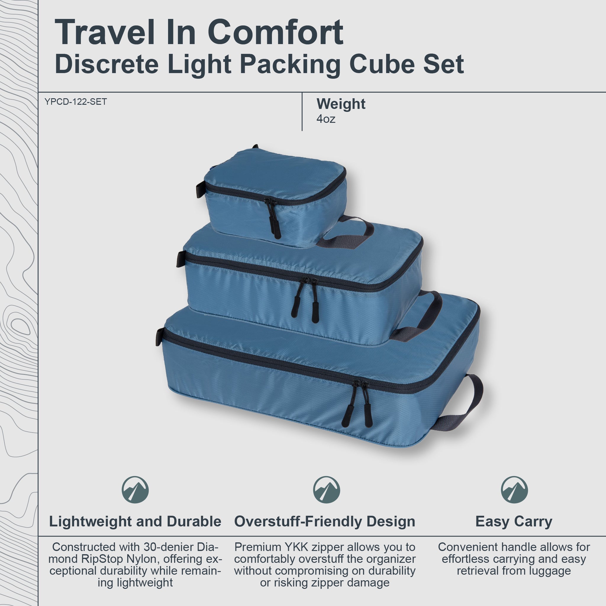 Set of COCOON Discrete Light Packing Cubes for travel organizers, showing lightweight, compact storage solutions in a variety of sizes.