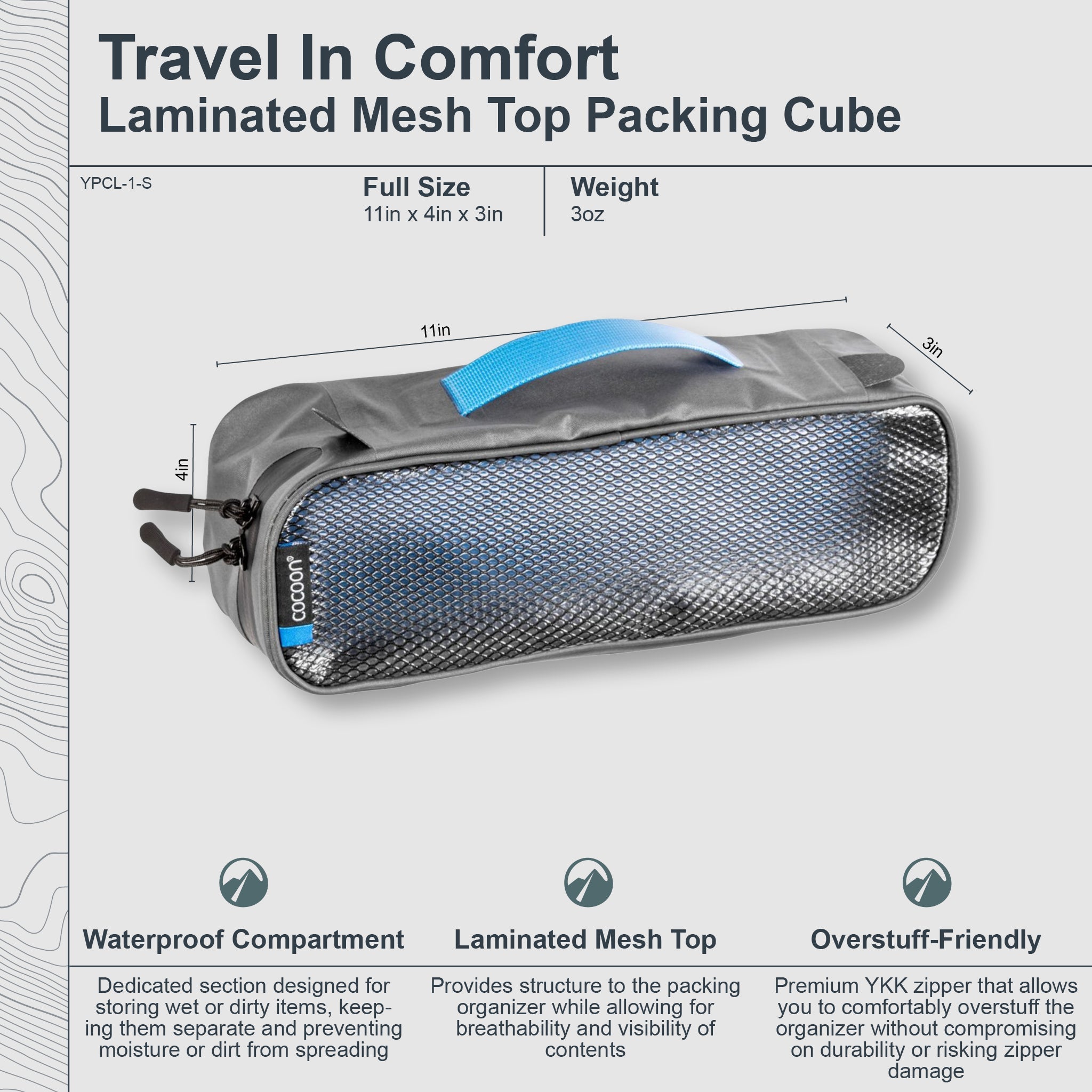 Cocoon laminated packing cube for wet and dirty separation, compact and durable travel organization accessory.