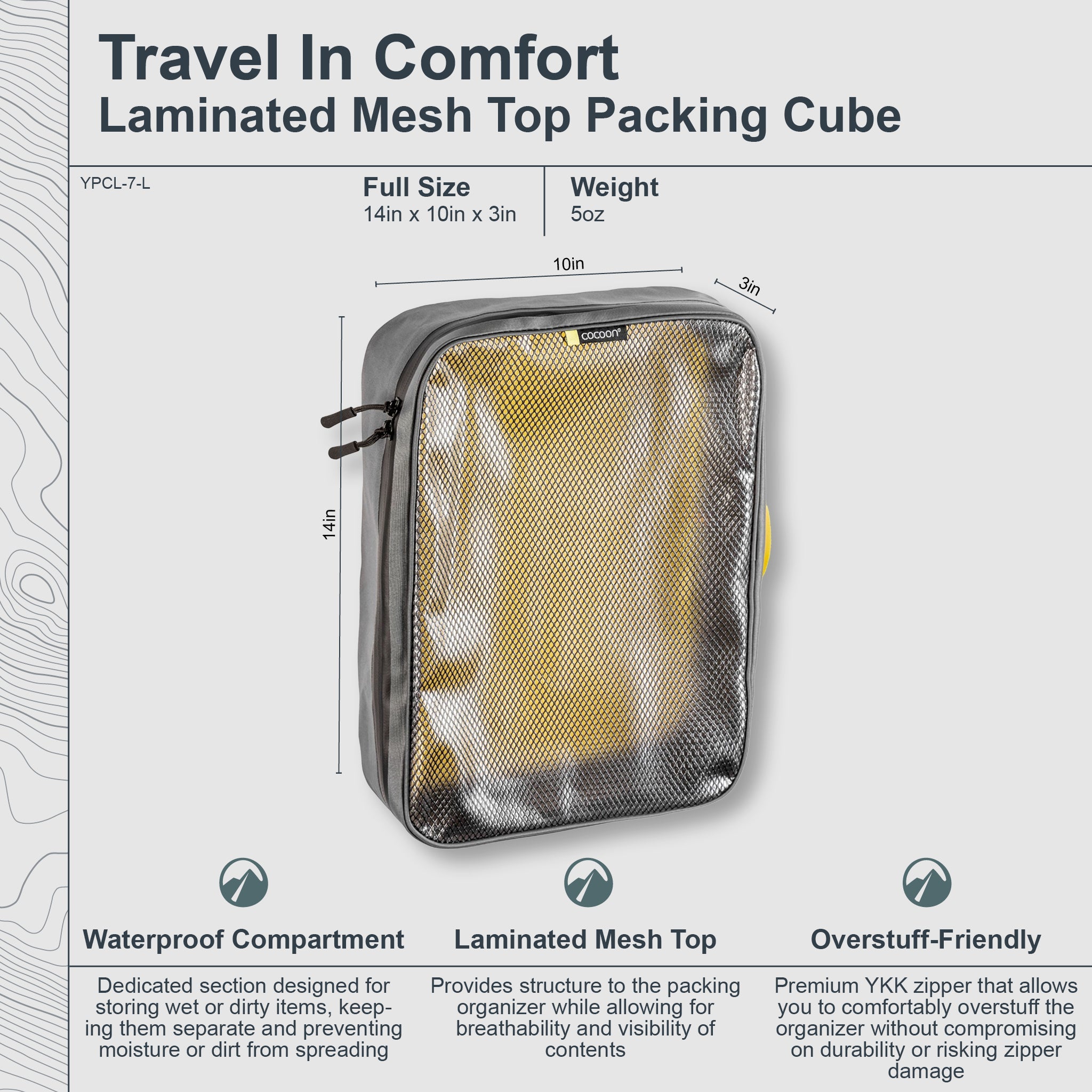 Cocoon laminated packing cube for dirty or wet items, designed for organized travel storage and separation.