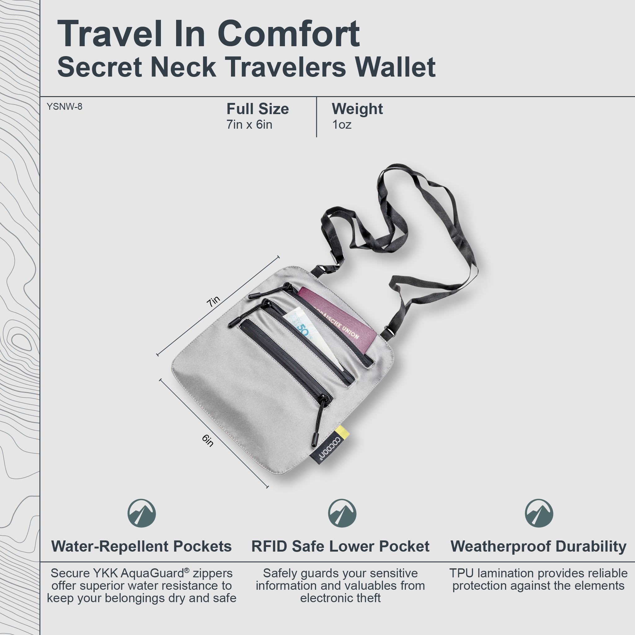 Cocoon Secret Neck Wallet Monsoon Silk RFID travel accessory with secure compartments, shown draped around a person's neck.
