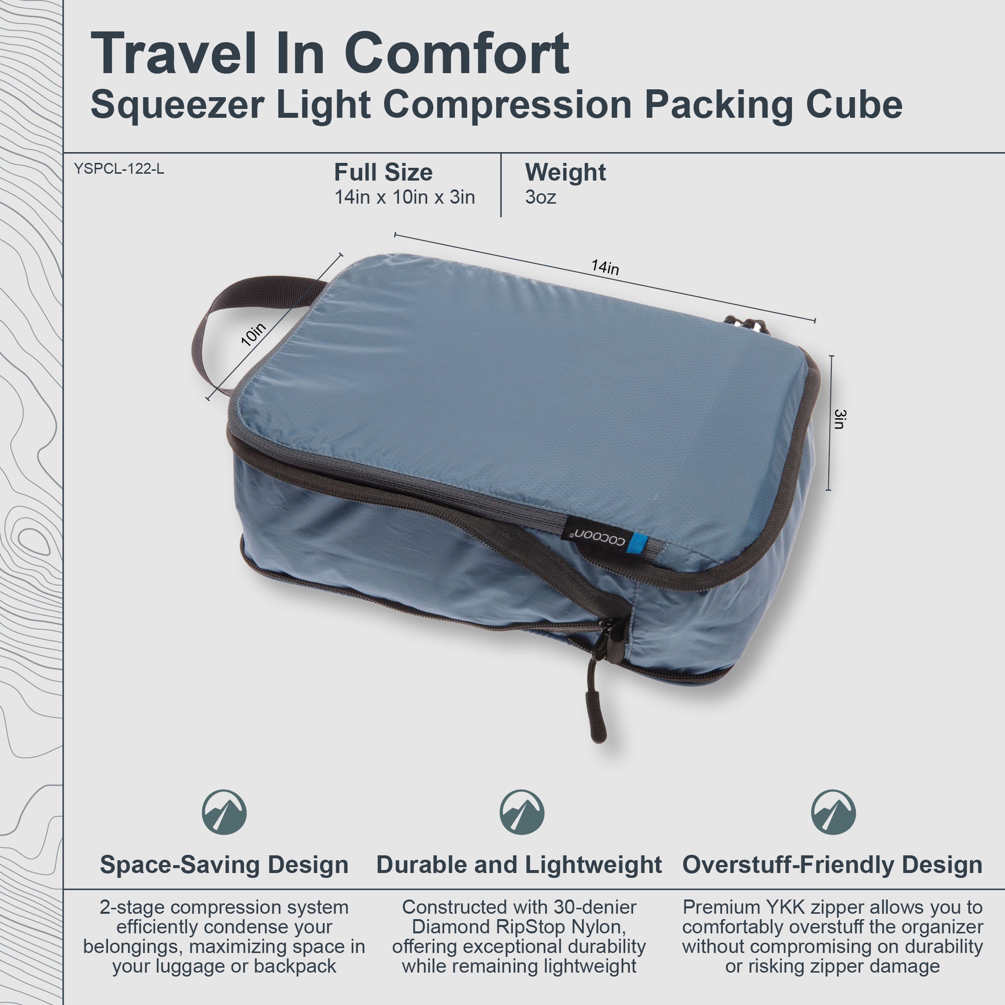 COCOON Squeezer Light Compression Packing Cube showing its compact, lightweight design with zipper and organized interior compartments.