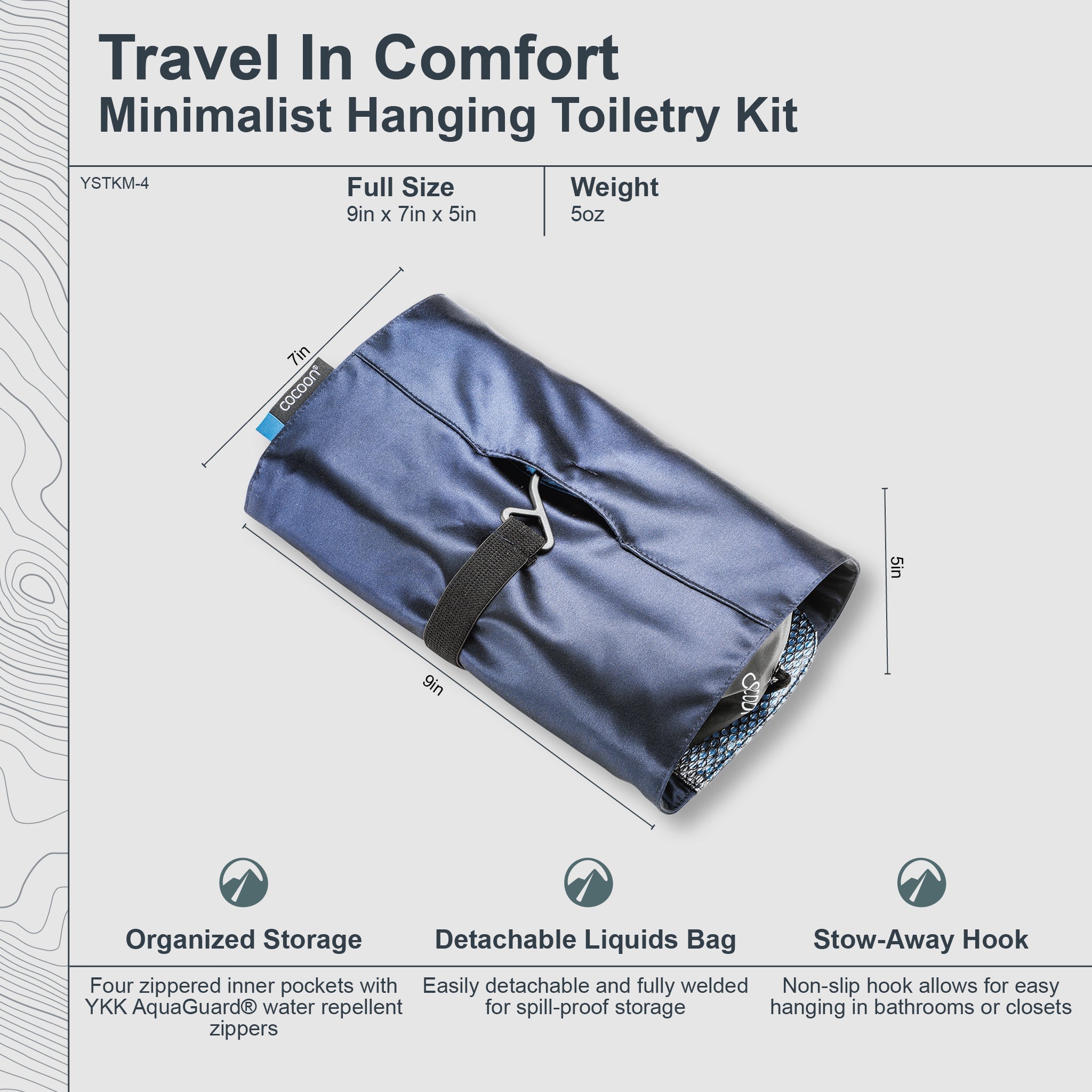 Minimalist hanging toiletry kit by COCOON, made from Monsoon Silk™, featuring a compact design for travel and organization.