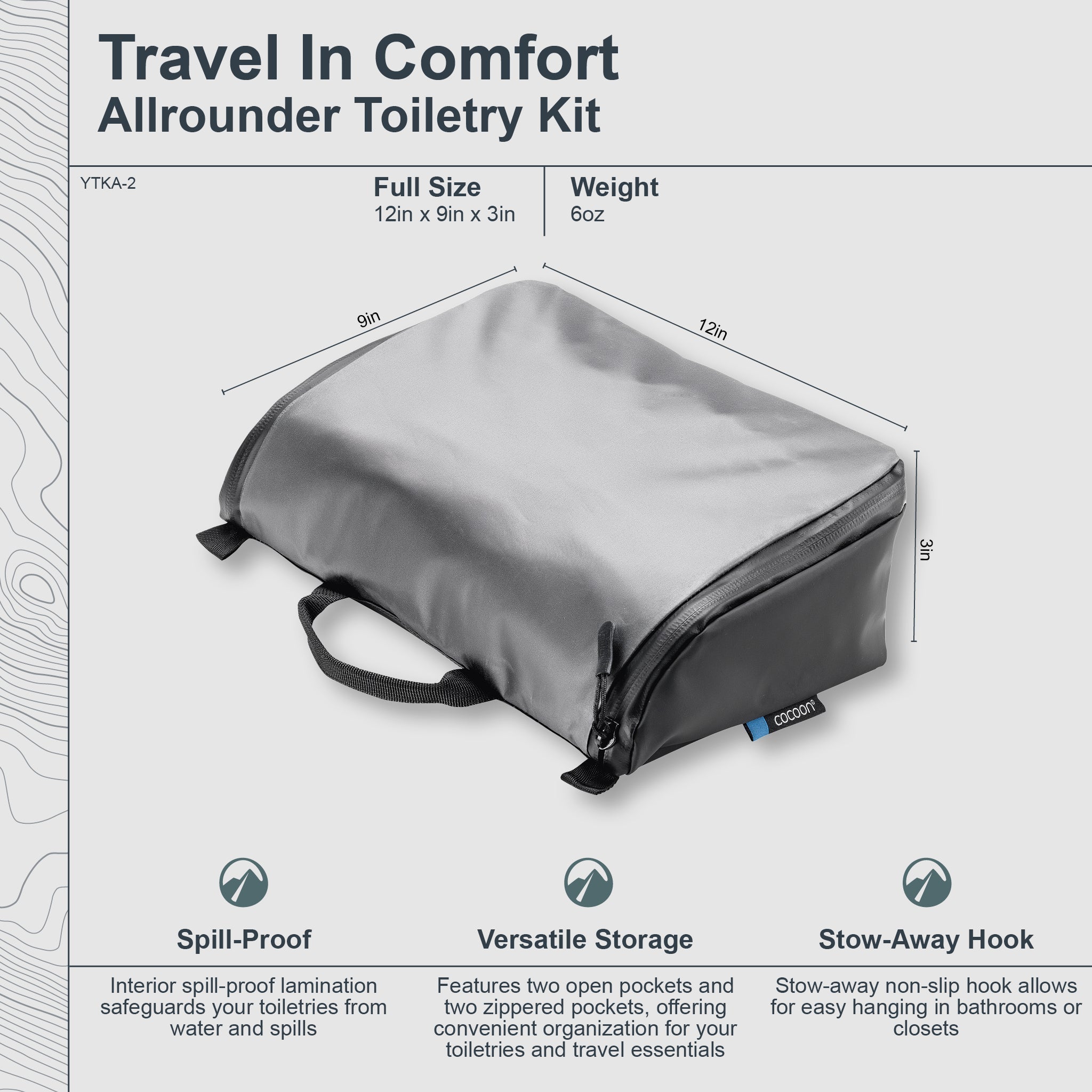 COCOON Allrounder Hanging Toiletry Kit with multiple compartments and secure hook, designed for travel organization.