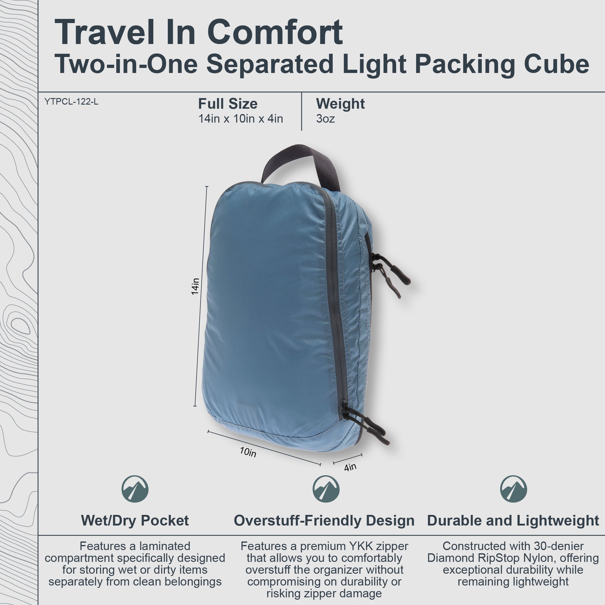Light two-in-one separated packing cube by COCOON, showing compartments for organized travel storage in a compact design.