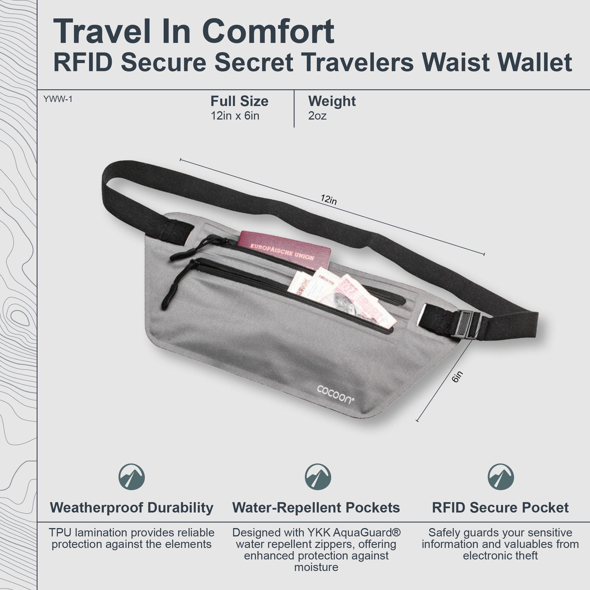 RFID secret waist wallet by COCOON with secure compartments, designed to discreetly hold cash and cards around the waist.