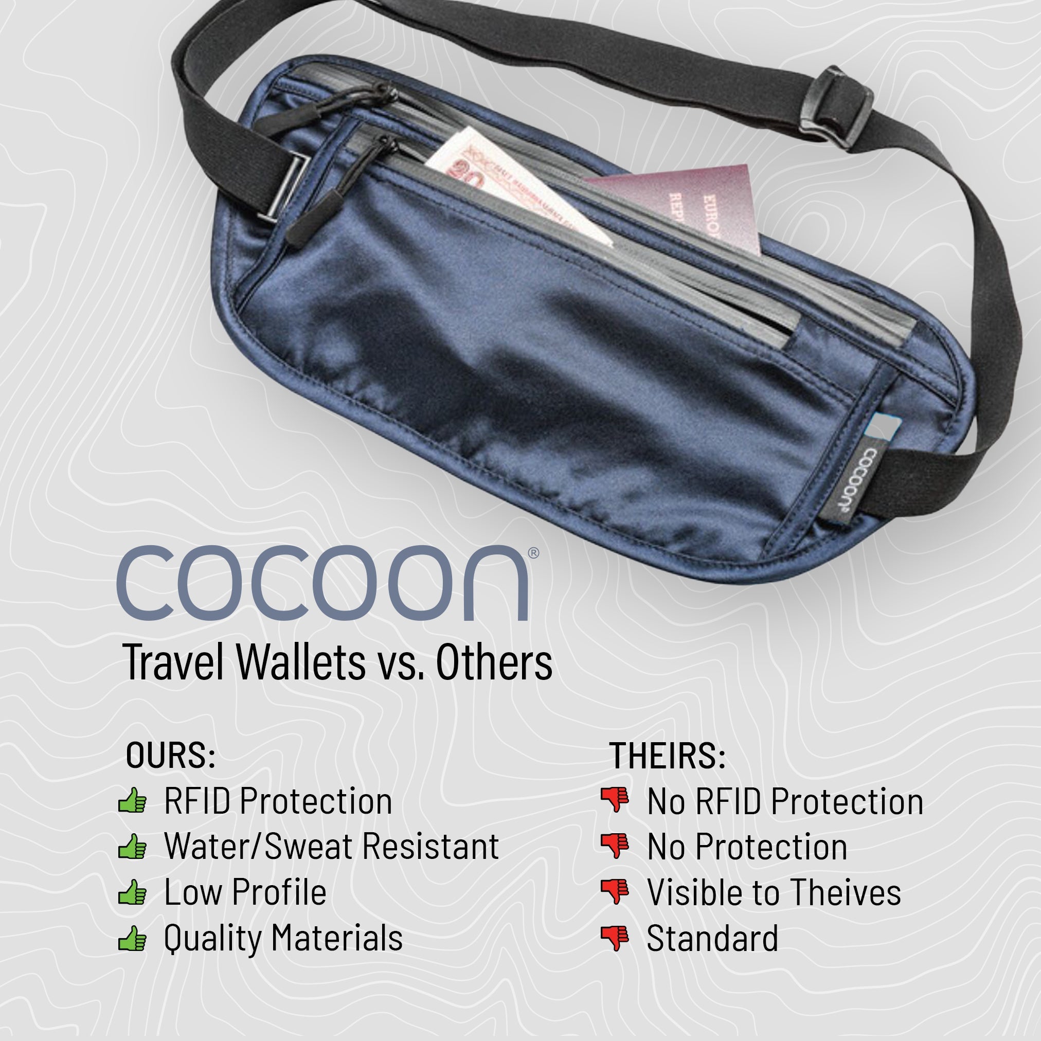 Cocoon Secret Neck Wallet Monsoon Silk RFID travel wallet with secure compartments and monsoon silk fabric on a white background.