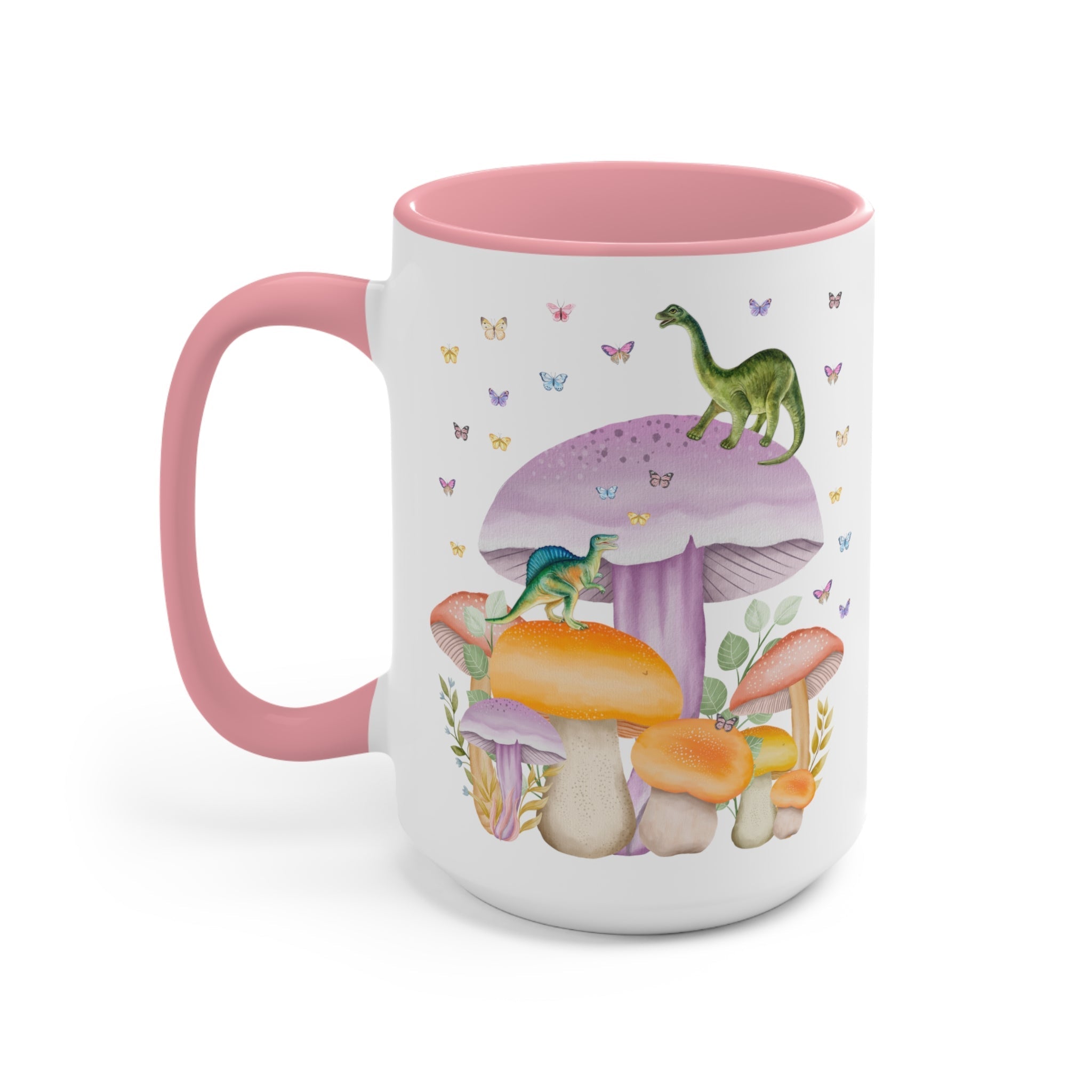 Opal and June 15 oz ceramic coffee mug featuring colorful dinosaurs and mushroom illustrations, perfect for dinosaur lovers.