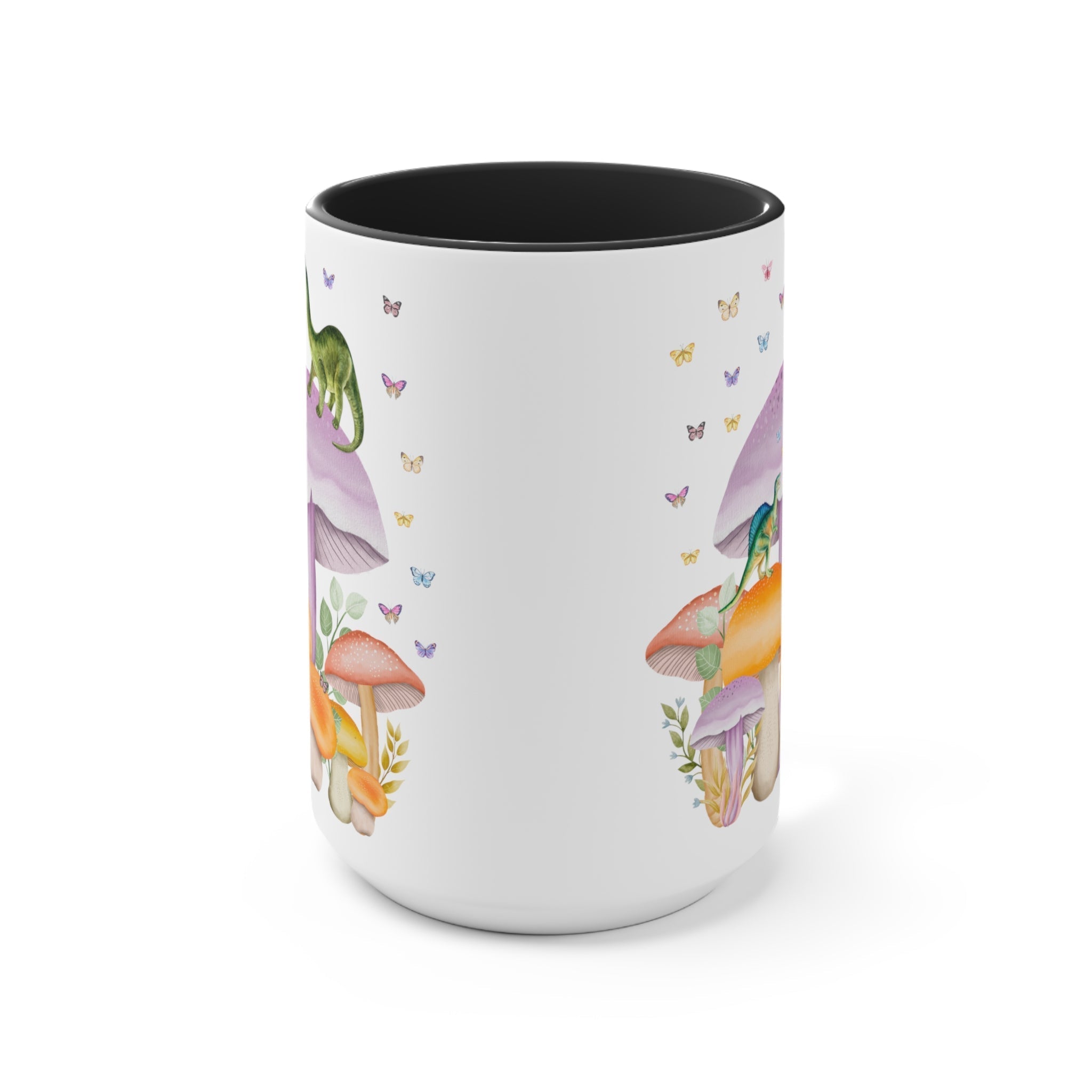 15 oz ceramic coffee mug featuring colorful dinosaurs and mushrooms, designed by Opal and June.