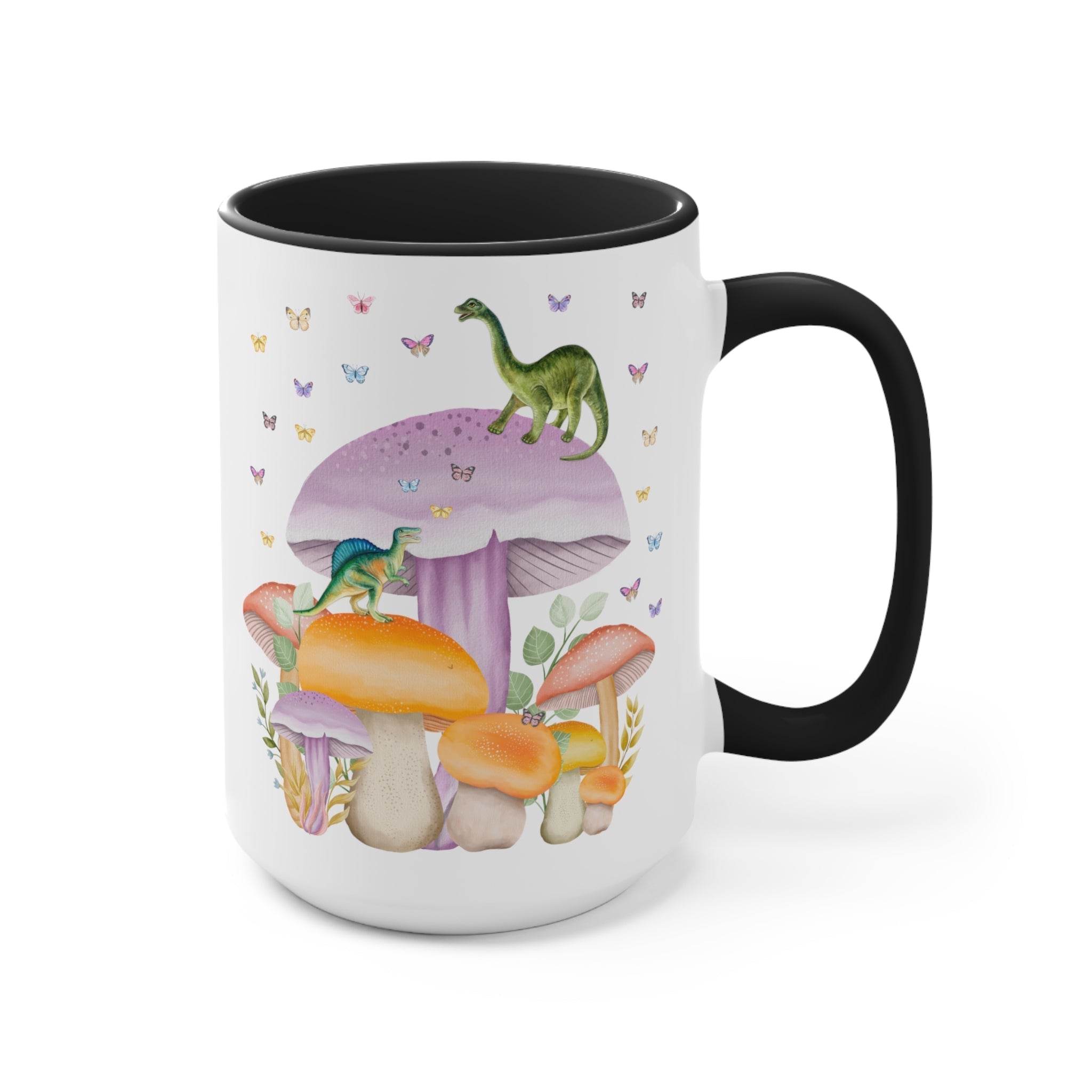 Opal and June 15 oz coffee mug featuring colorful dinosaurs and mushrooms design, perfect for dinosaur and mushroom enthusiasts.