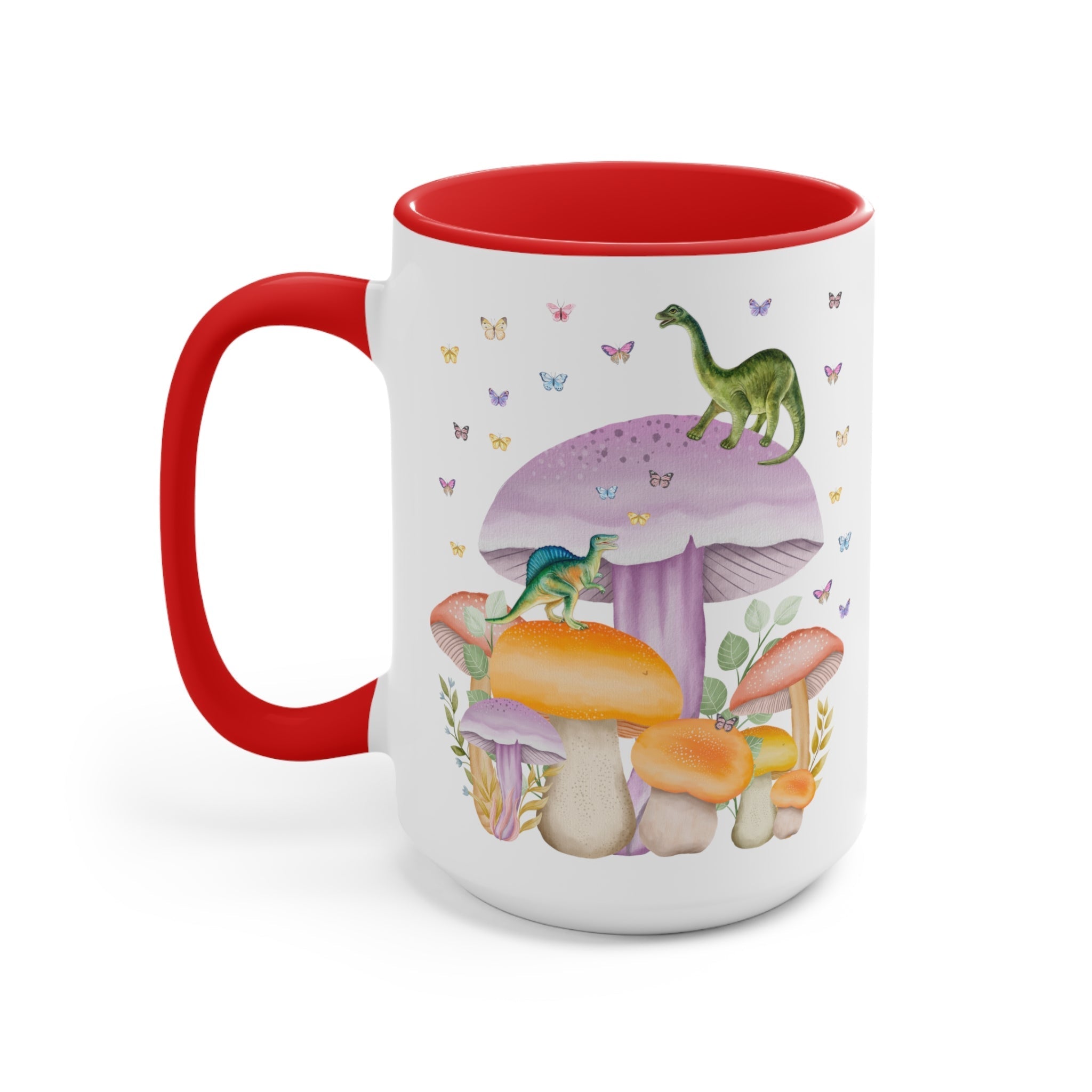 Opal and June 15 oz coffee mug featuring colorful dinosaurs and mushrooms design, perfect for dinosaur and mushroom lovers.
