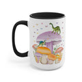Opal and June 15 oz ceramic coffee mug featuring colorful dinosaurs and mushrooms, perfect for dinosaur and mushroom enthusiasts.