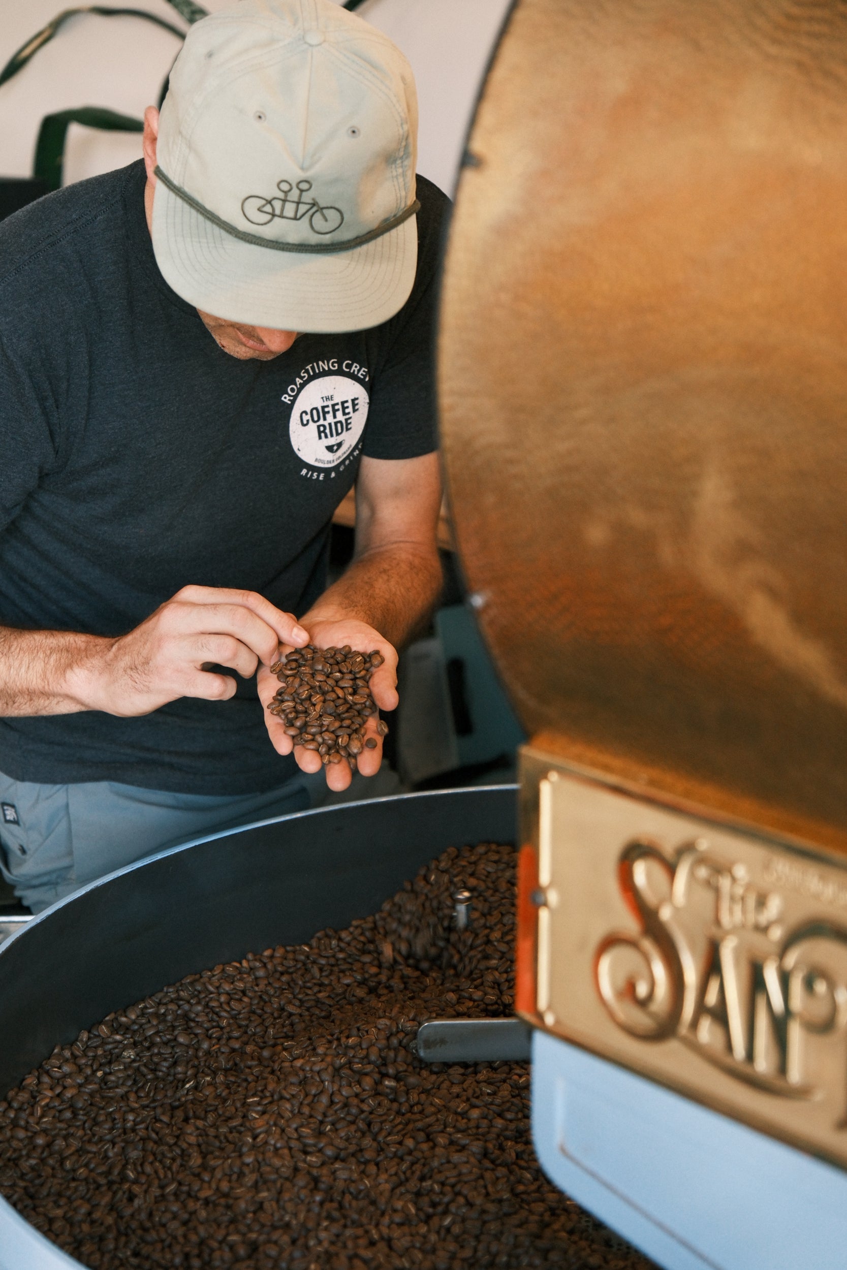 Mourning Brew Coffee from The Coffee Ride Coffee Roasting Co. in a rustic bag with coffee beans and brewing equipment.
