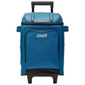 TRAPSKI Coleman CHILLER 42-Can Soft-Sided Portable Cooler with wheels in Deep Ocean color, featuring insulated storage and handles.