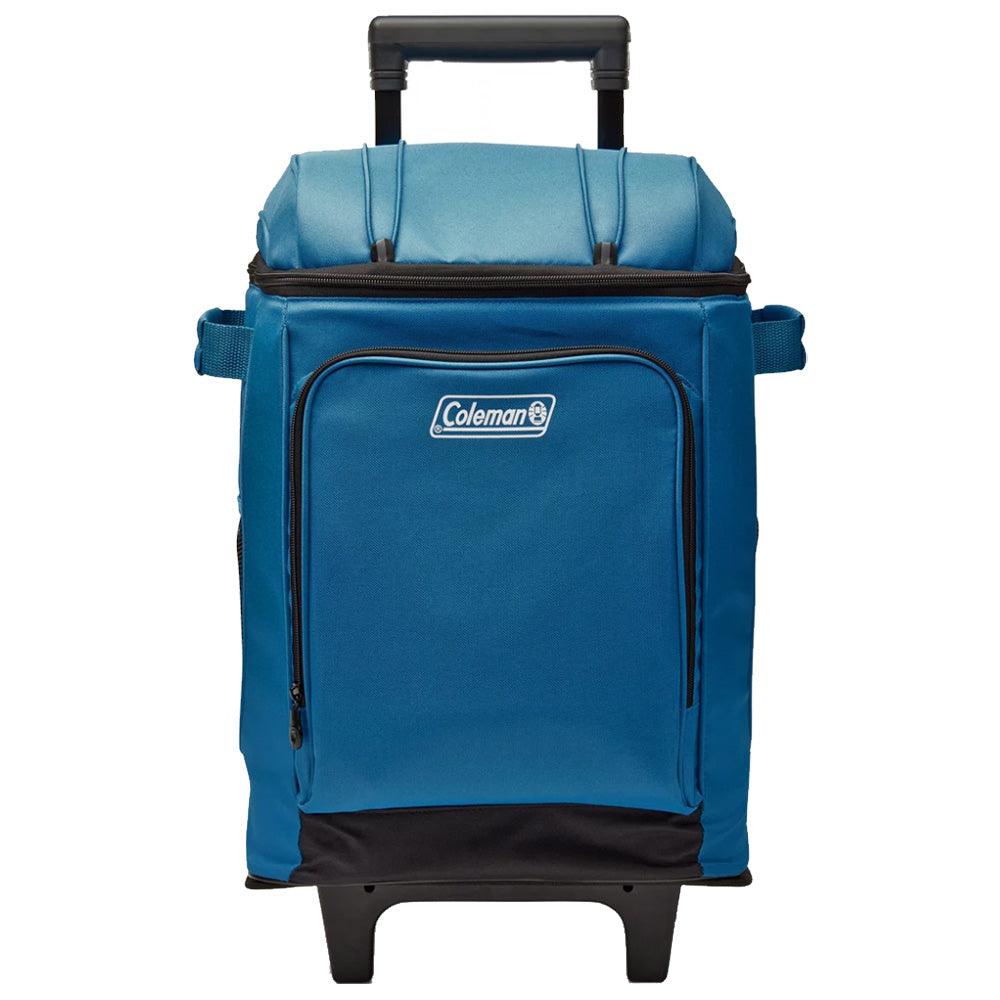 TRAPSKI Coleman CHILLER 42-Can Soft-Sided Portable Cooler with wheels in Deep Ocean color, featuring insulated storage and handles.