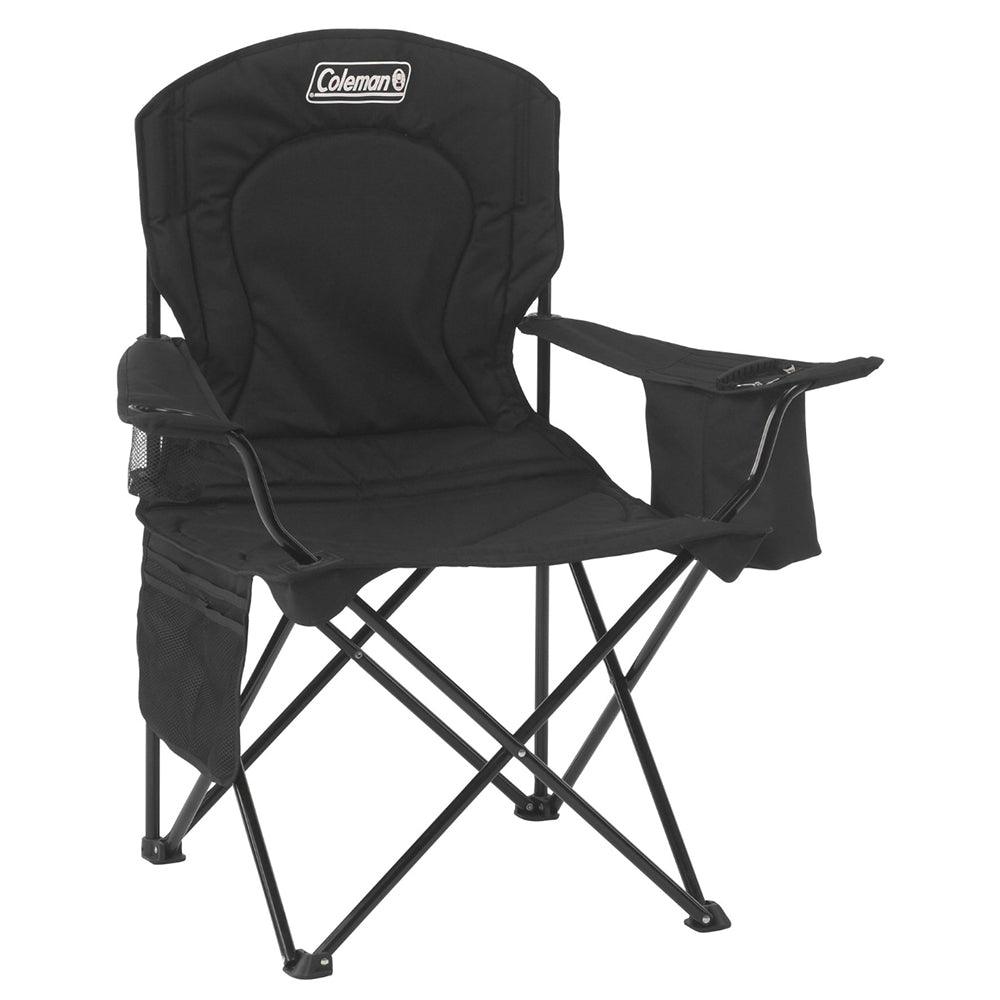 Black Coleman Cooler Quad Chair for camping by TRAPSKI, featuring a sturdy frame and comfortable seat with armrests.
