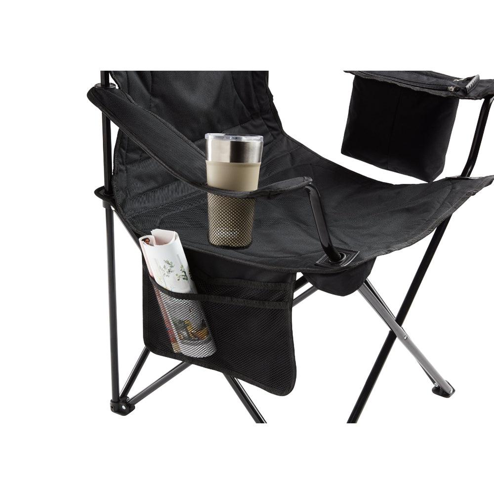 TRAPSKI black Coleman Cooler Quad camping chair with built-in cooler and armrests, ideal for outdoor camping and outdoor activities.