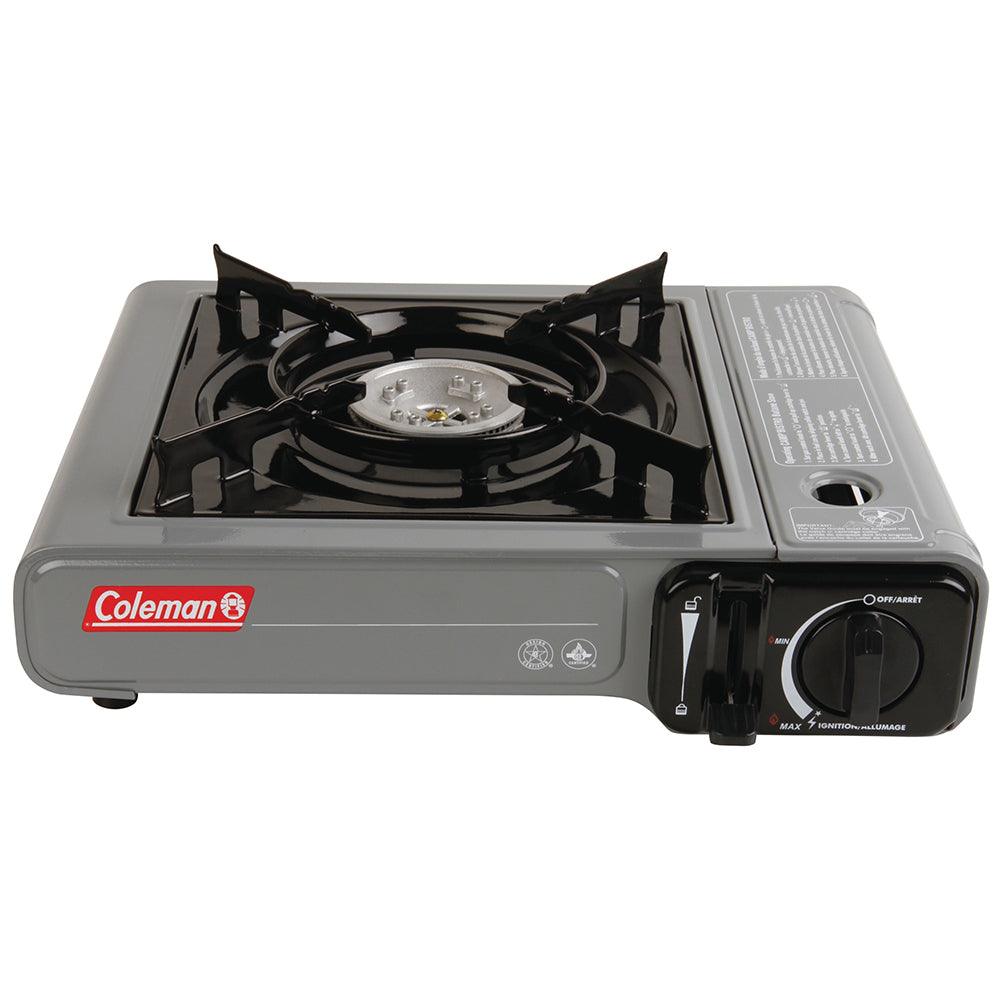 TRAPSKI Coleman table top 1-burner butane camping stove in grey, compact and portable for outdoor camping and cooking.