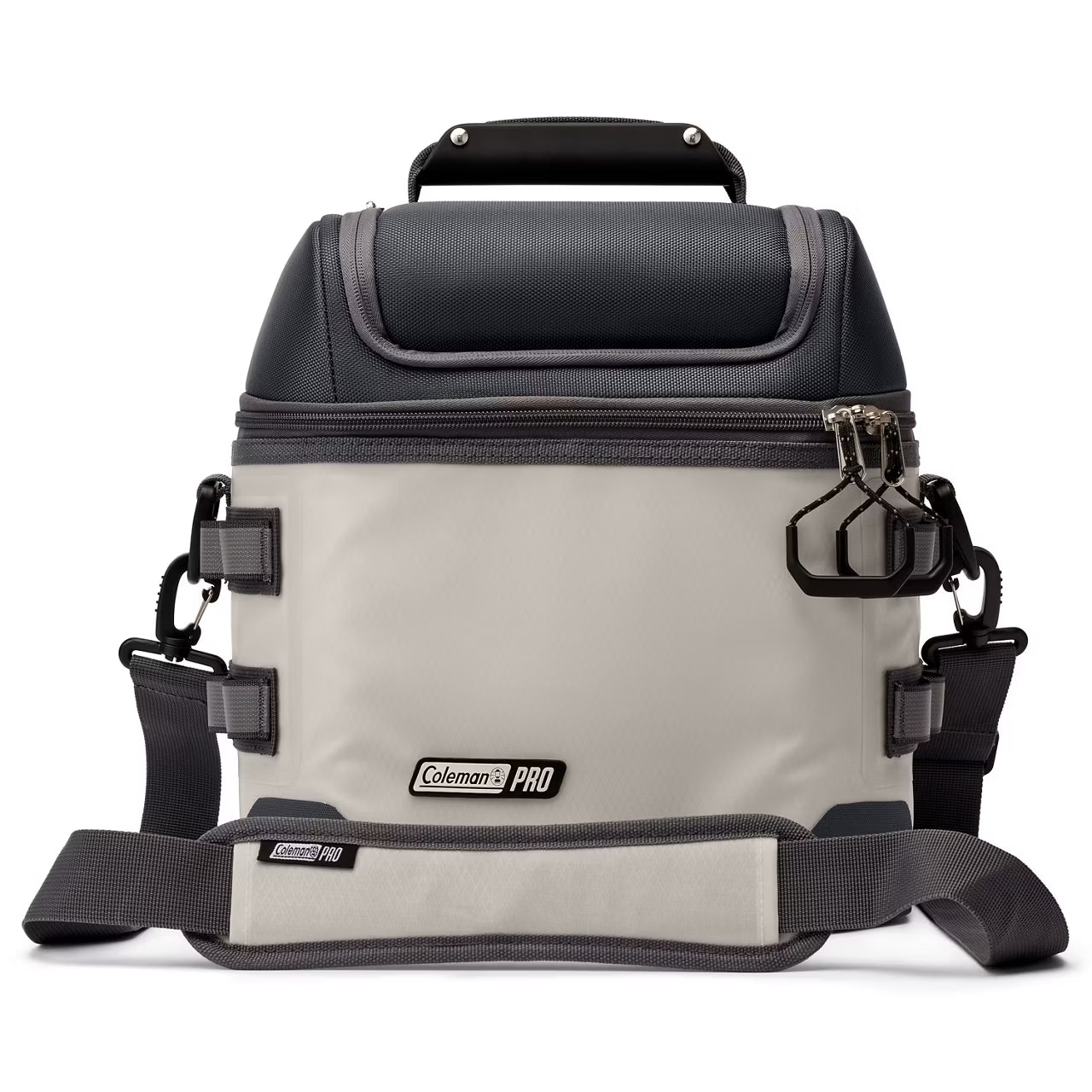 A Coleman Pro insulated cooler bag in light gray and black, featuring a top handle, zippered closure, and multiple attachment straps on a white background.