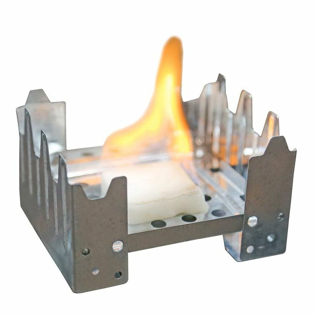 Collapsible portable stove for backpacking with fuel tablets, designed for cooking food and boiling water outdoors.