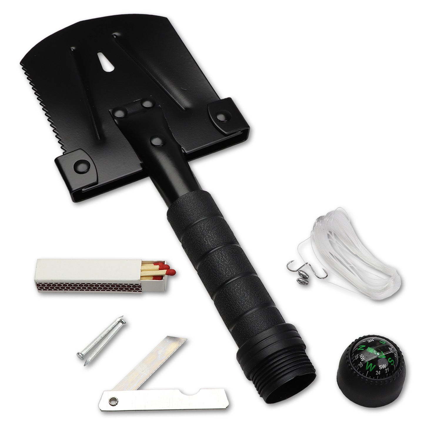Foldable metal survival shovel with built-in compass and survival kit, compact multi-function tool ideal for outdoor emergencies.