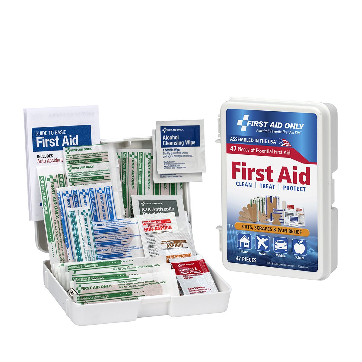 Compact personal first aid kit with 47 pieces, including bandages, antiseptics, and medical supplies for emergency use.