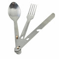 Stainless steel folding utensil set including fork, knife, and spoon for camping, compact and portable food and water cutlery.