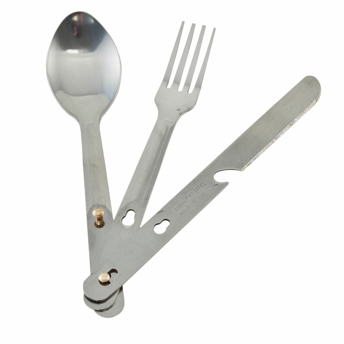 Stainless steel folding utensil set including fork, knife, and spoon for camping, compact and portable food and water cutlery.