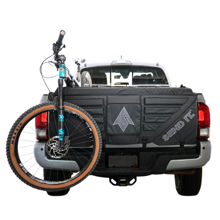 Send It High Roller Tailgate Pad V2 displayed on a truck tailgate, showcasing its compact design and durable construction.