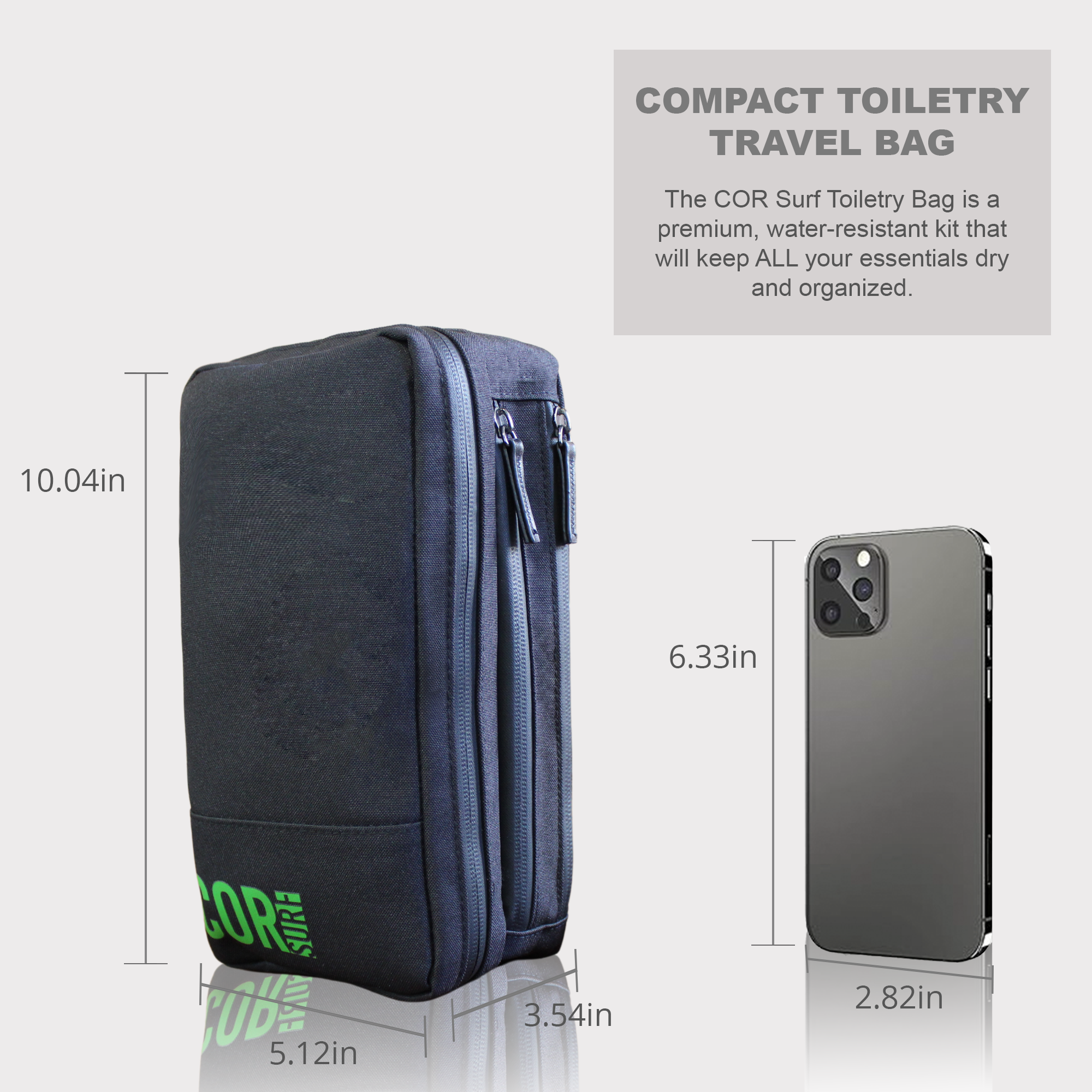 COR Surf compact toiletry travel bag showcasing multiple compartments and durable material for organized travel accessories.