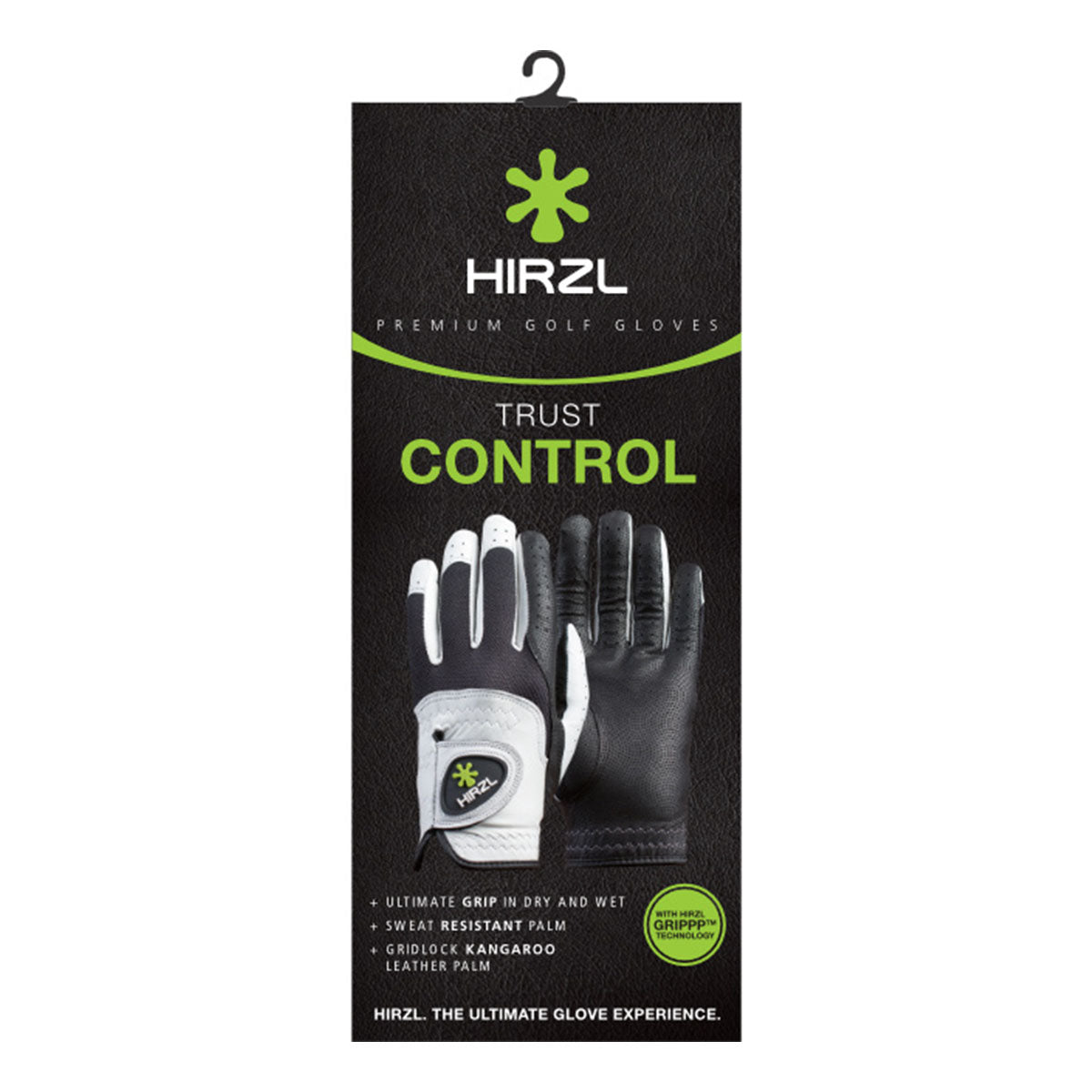 ZEITBIKE HIRZL Trust Control 2.0 golf gloves in white and black, shown in packaging with grip-enhancing design.