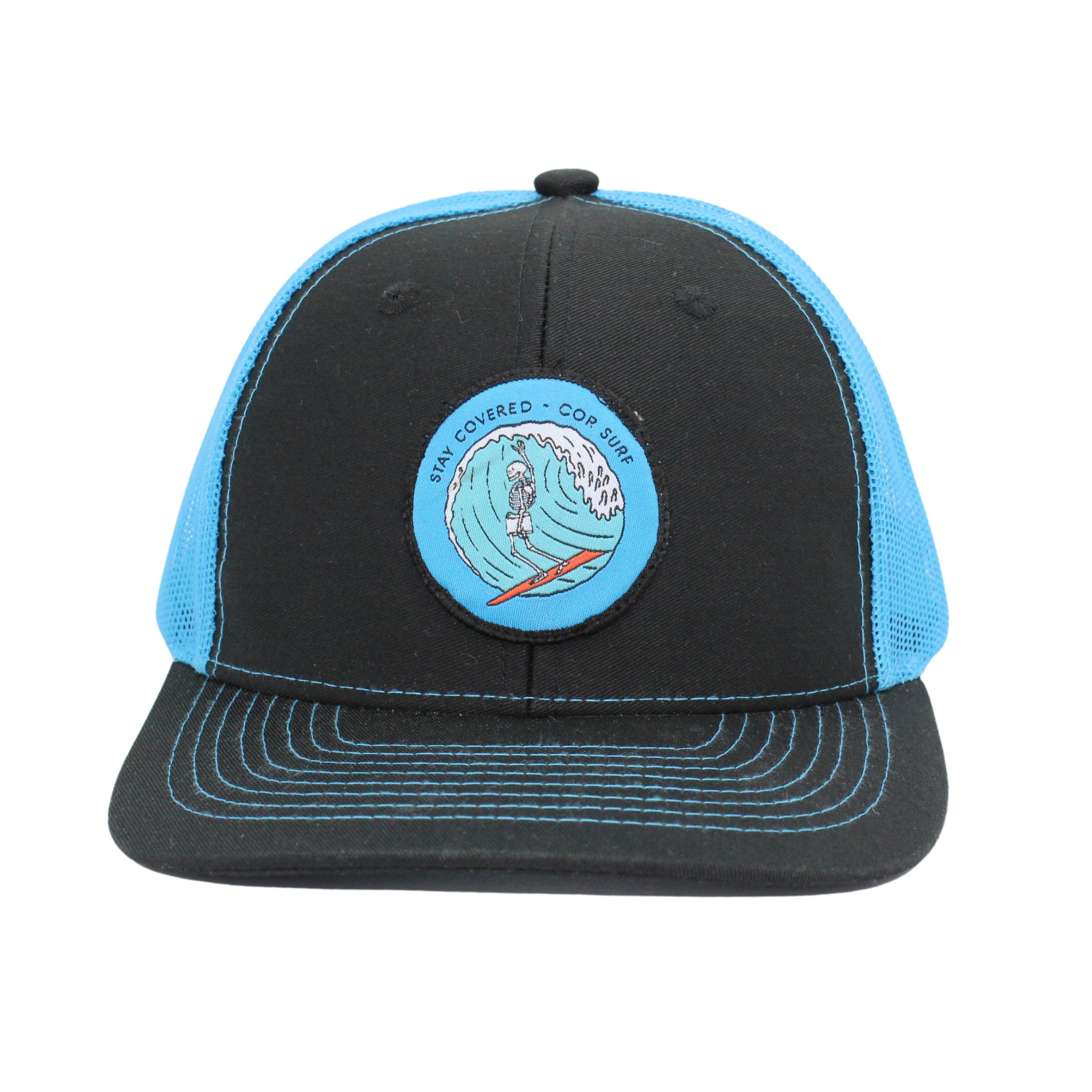 Blue COR Surf Stay Covered Trucker Hat with mesh snapback closure and front logo design.
