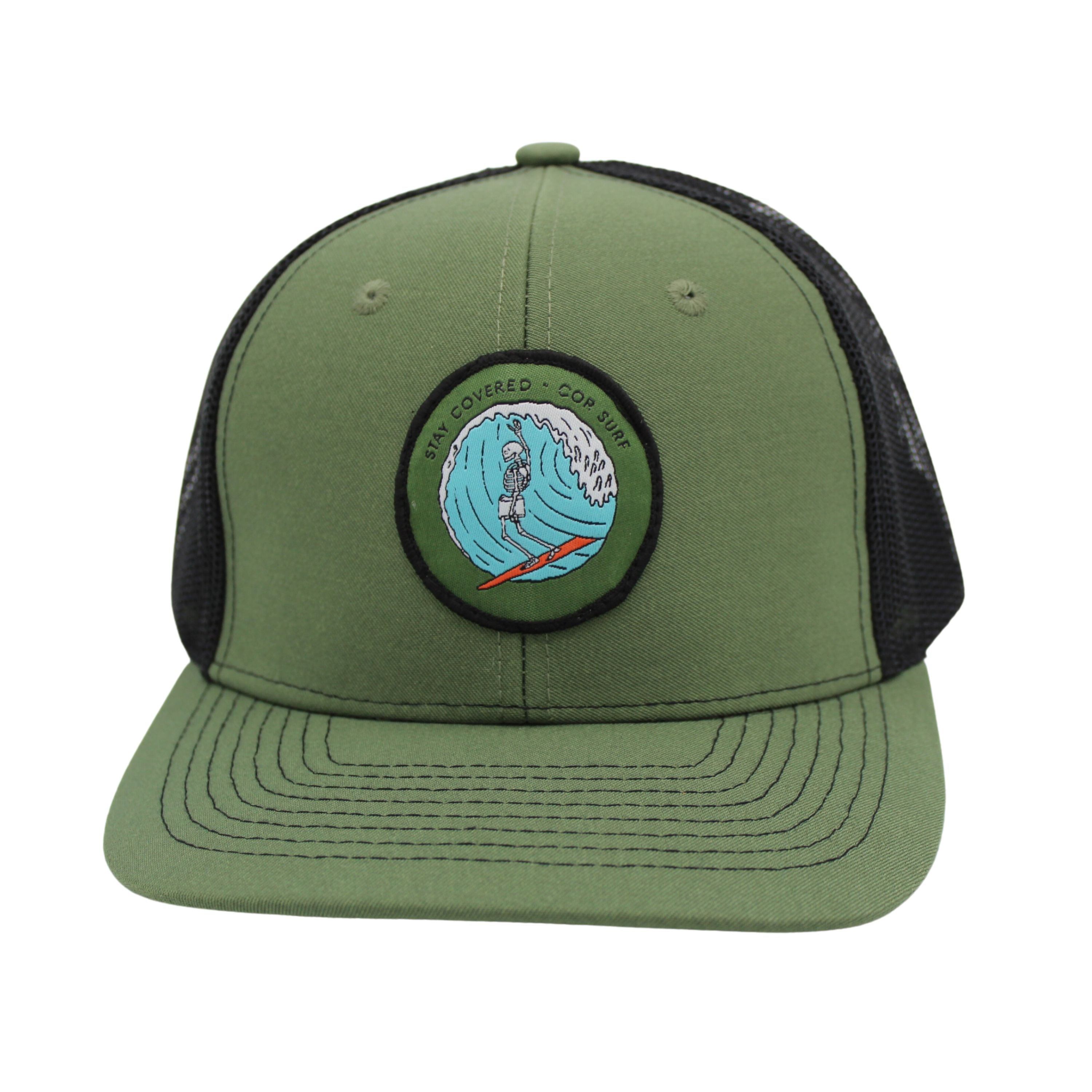 Green COR Surf Stay Covered Trucker Hat with mesh snapback and front logo, casual baseball cap for sun protection.