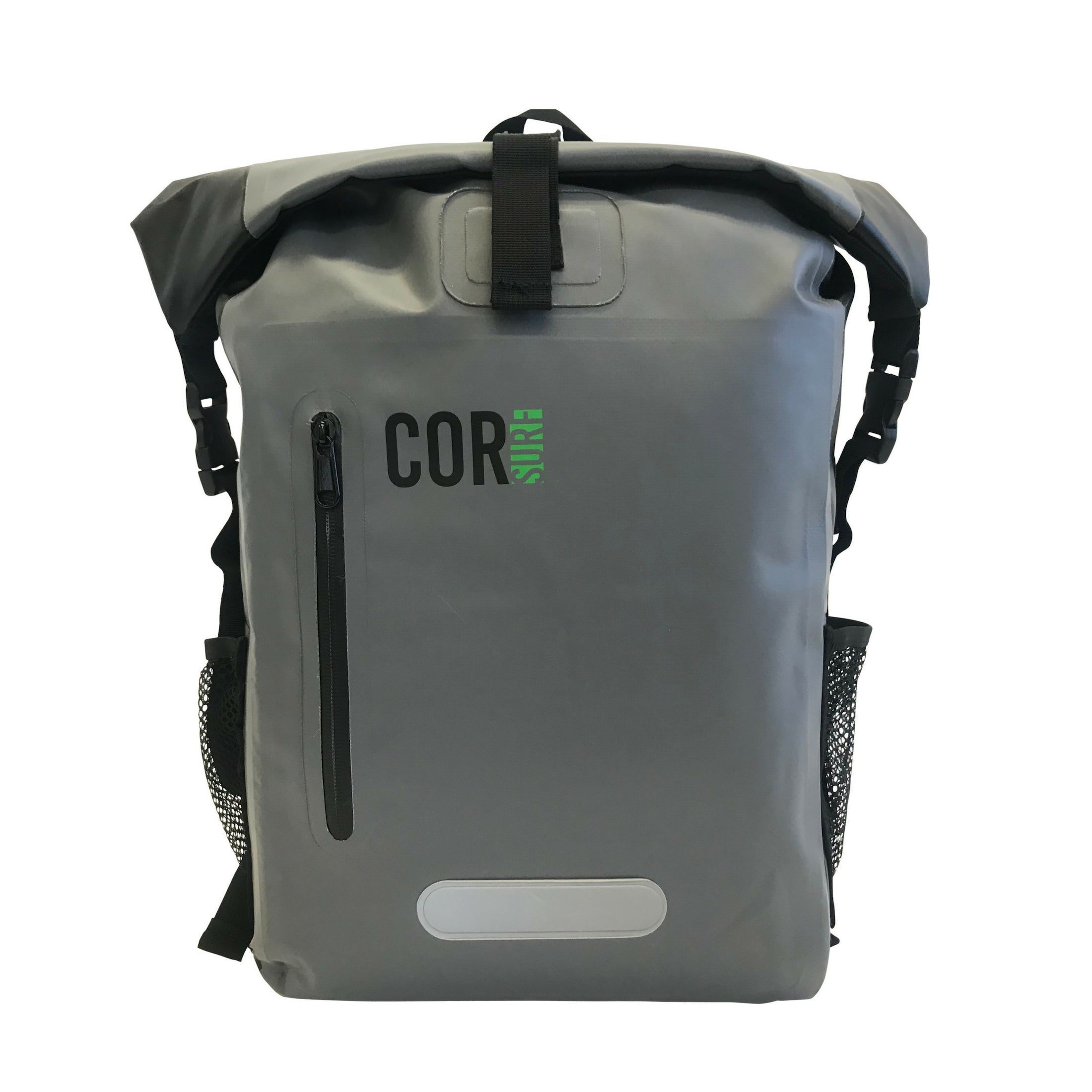 Grey COR Surf 25L waterproof dry backpack with adjustable straps, designed for outdoor activities and keeping gear dry.