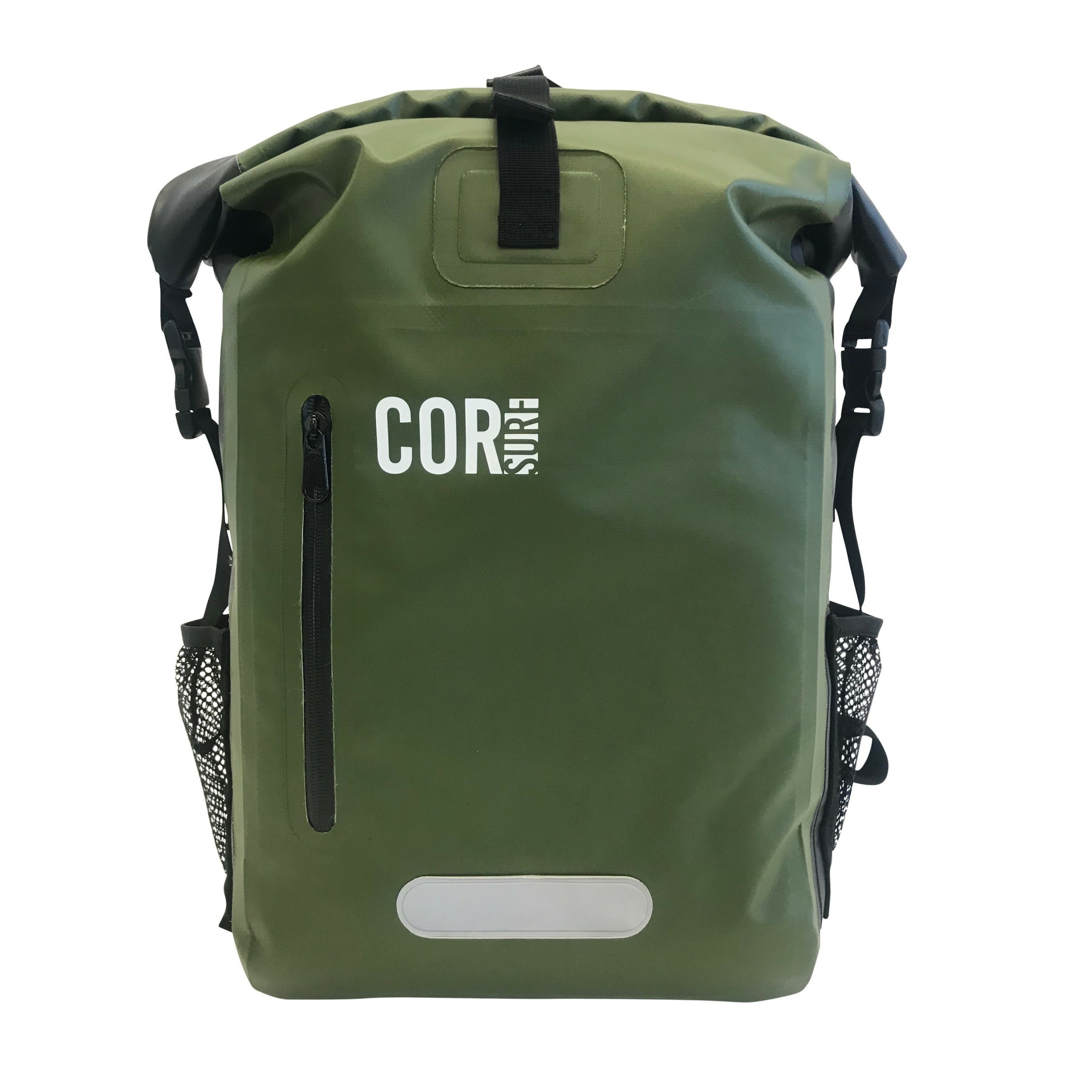 Green 25L waterproof dry backpack from COR Surf with adjustable shoulder straps and roll-top closure for outdoor activities.