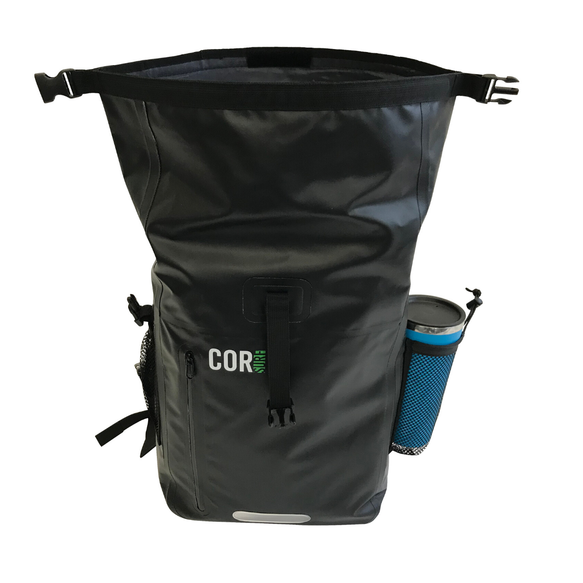 Open 40L waterproof dry bag backpack by COR Surf showing top roll closure and adjustable straps, designed for outdoor waterproof storage.