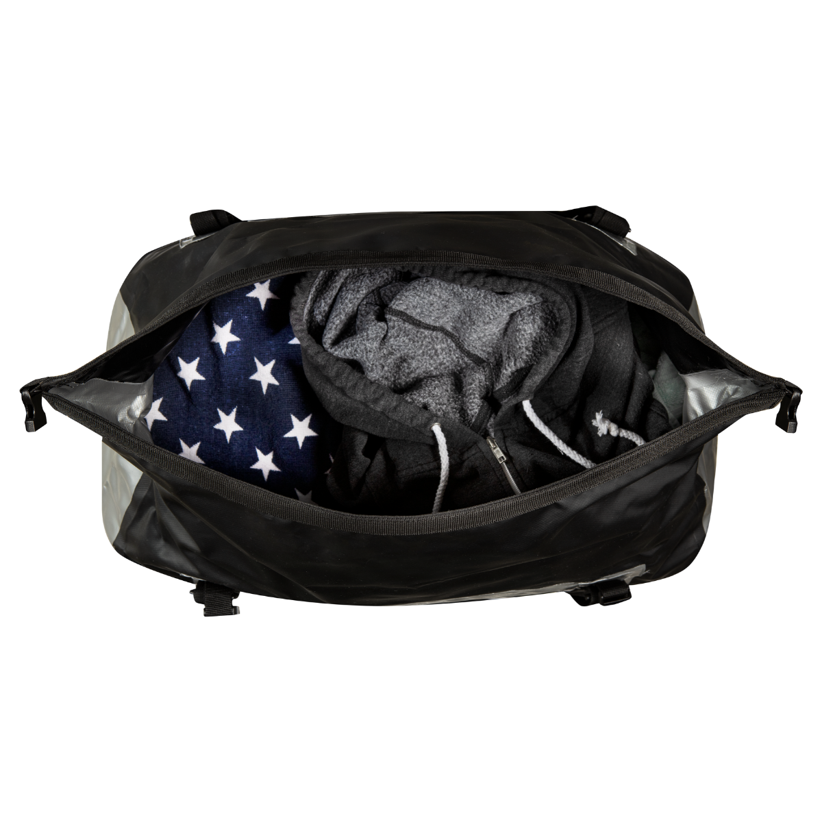 Open view of COR Surf waterproof roll-top dry duffel bag in 60L size, showing its spacious interior and roll-top closure.