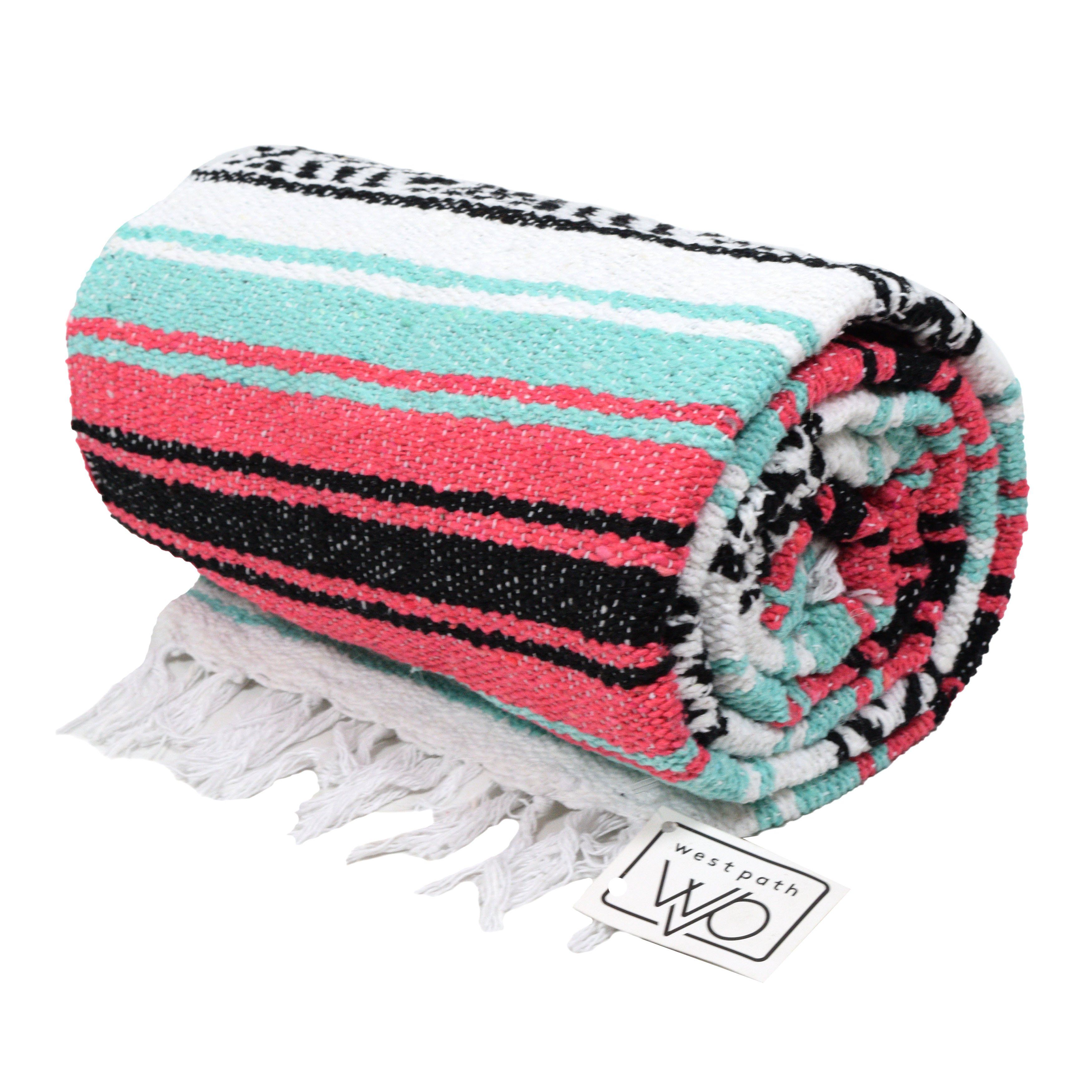 Seafoam Green & Coral Mexican Falsa Blanket - OVERLANDERS Outfitter