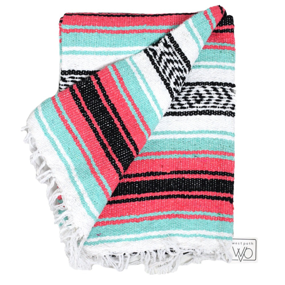 Seafoam Green & Coral Mexican Falsa Blanket - OVERLANDERS Outfitter