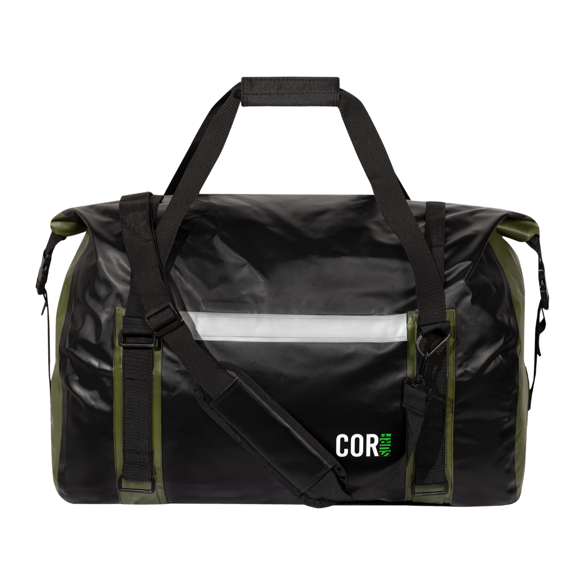 Green COR Surf waterproof roll-top dry duffel bag with 60L capacity, designed for waterproof storage and outdoor adventures.