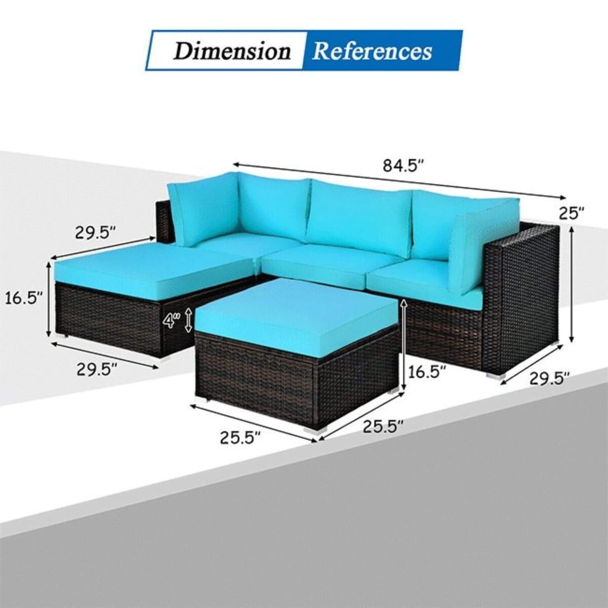 Turquoise rattan outdoor sectional sofa set, 5 pieces, showcasing comfortable seating and modern design by SAKSBY WHOLESALE.