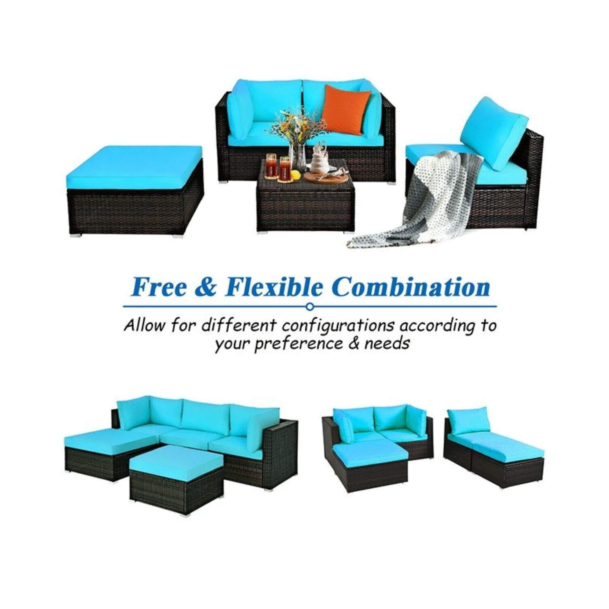 Turquoise rattan outdoor sectional sofa set by SAKSBY WHOLESALE, featuring five pieces for patio conversation.