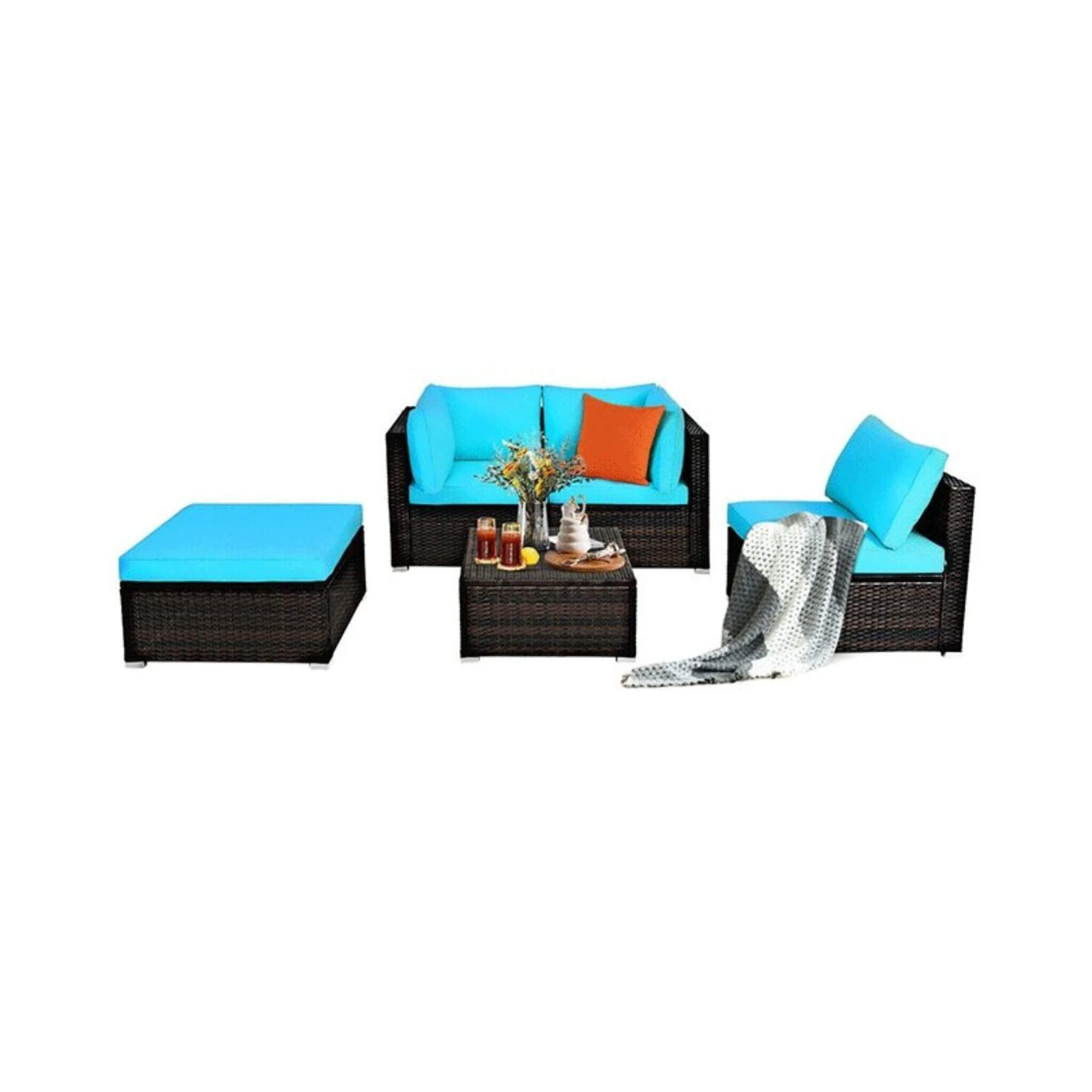 Turquoise rattan sectional sofa set, 5 pieces, showcasing stylish outdoor furniture from SAKSBY WHOLESALE.